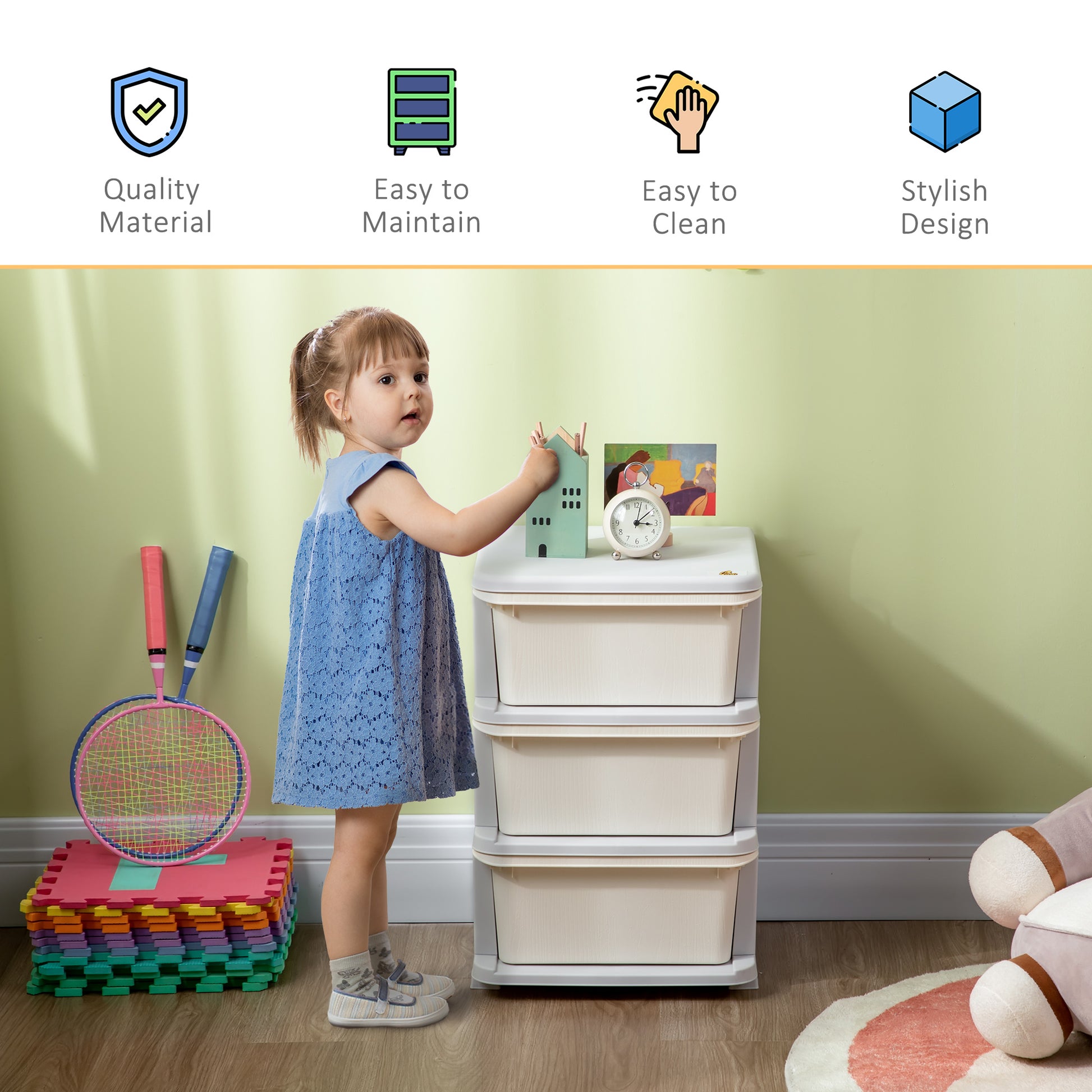 Qaba 3 Tier Kids Storage Unit, 3 Drawer Chest Toy Organizer Plastic Bins For Kids Bedroom Nursery Kindergarten Living Room For Boys Girls Toddlers, Cream White Cream White Plastic