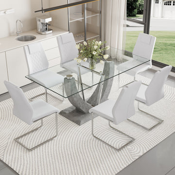 1 Table And 6 Chairs Set.Large Rectangular Table, Equipped With 0.39 Inch Tempered Glass Table Top And Mdf Table Legs.Paired With 6 Chairs With Faux Leather Padded Seats And Metal Legs.F 907,C 001 Transparent Mdf Glass