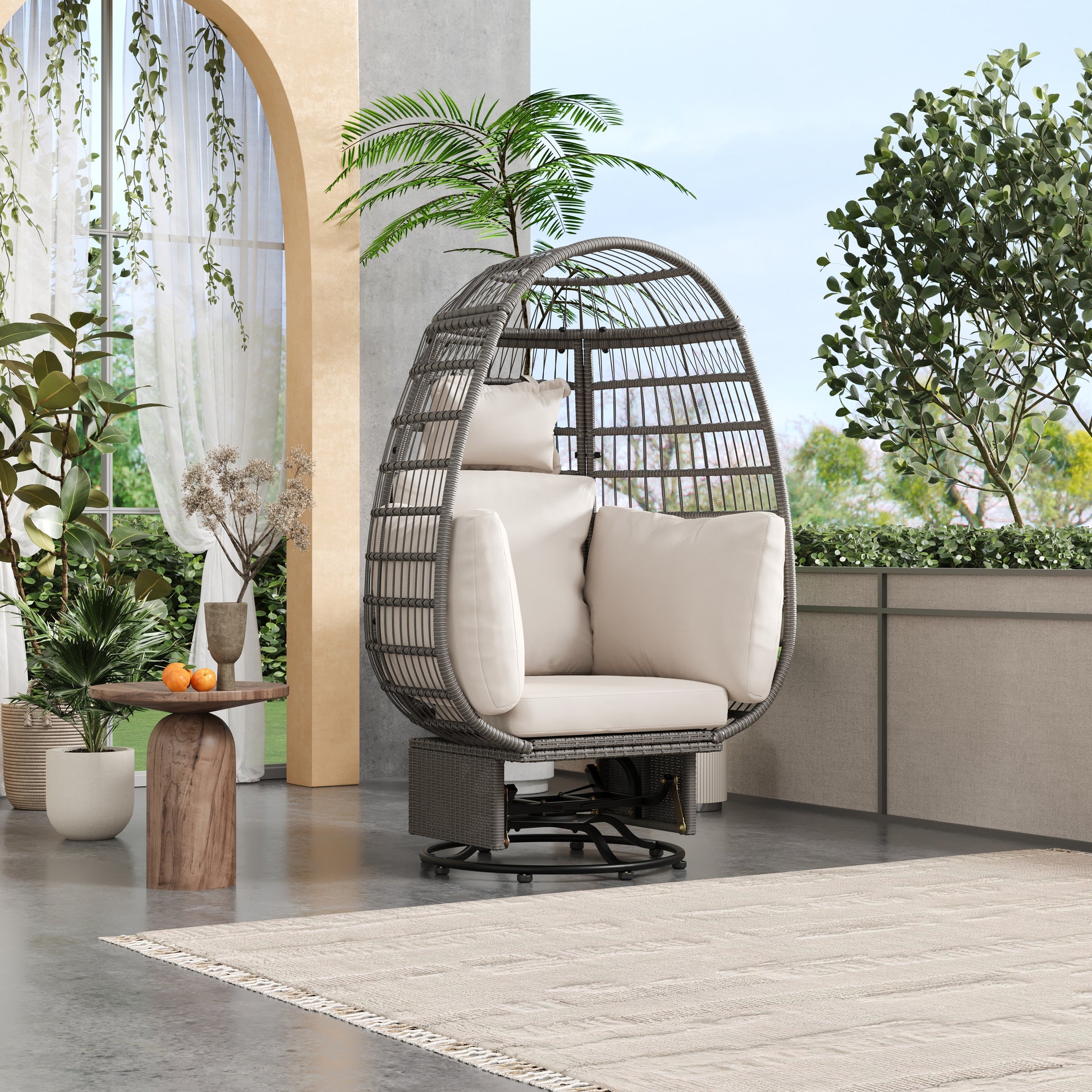 Outdoor Swivel Chair With Cushions, Rattan Egg Patio Chair With Rocking Function For Balcony, Poolside And Garden Grey Wicker Beige Cushion Beige Grey Wicker