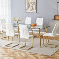 Table And Chair Set.Modern Rectangular Glass Dining Table With A Tempered Glass Tabletop And Metal Legs, Paired With Multiple Chairs Designed With Pu Cushions And Golden Metal Legs. White Gold Seats 6 Tempered Glass