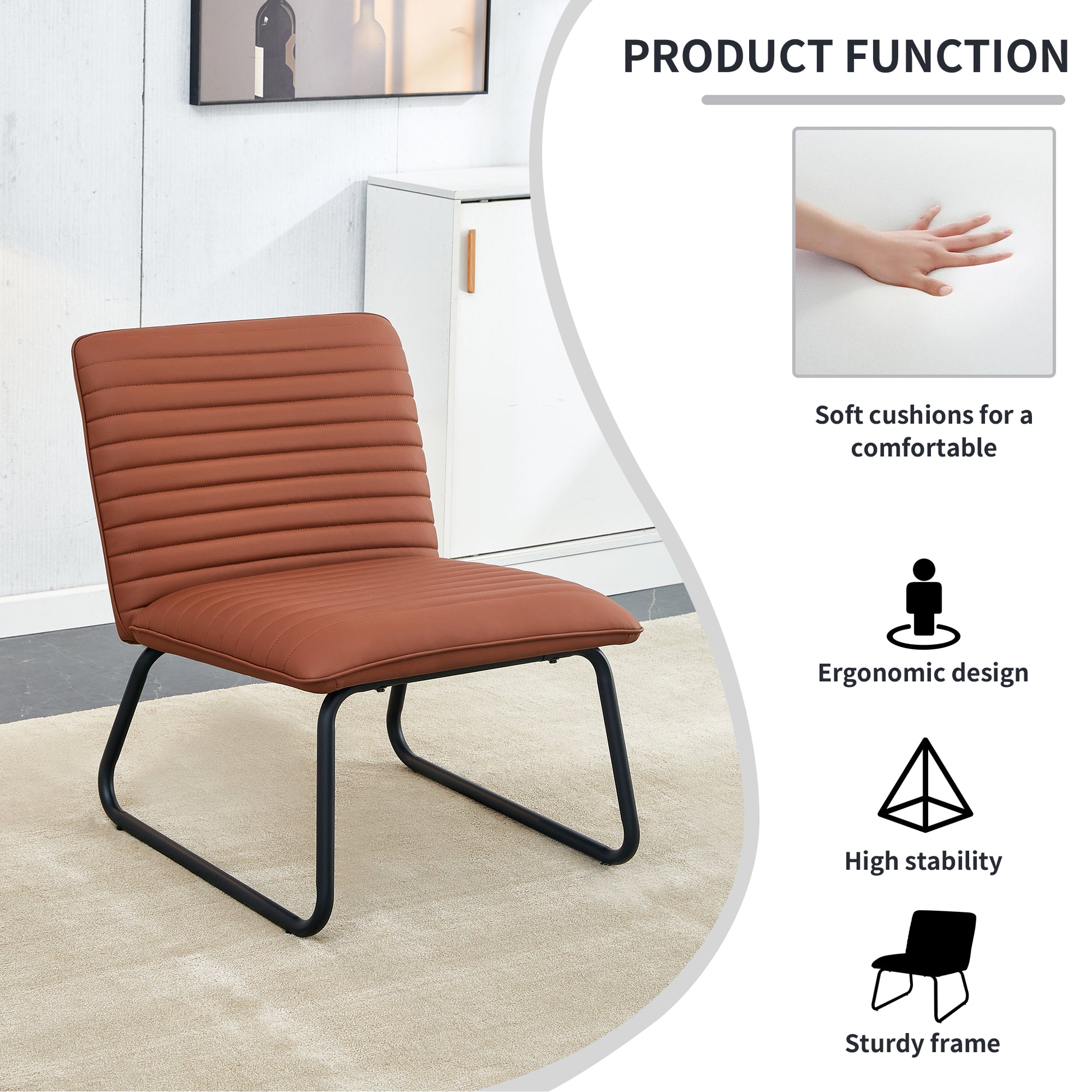 Brown Minimalist Armless Sofa Chair With Pu Backrest And Black Metal Legs, Suitable For Offices, Restaurants, Kitchens, And Bedrooms Brown Metal