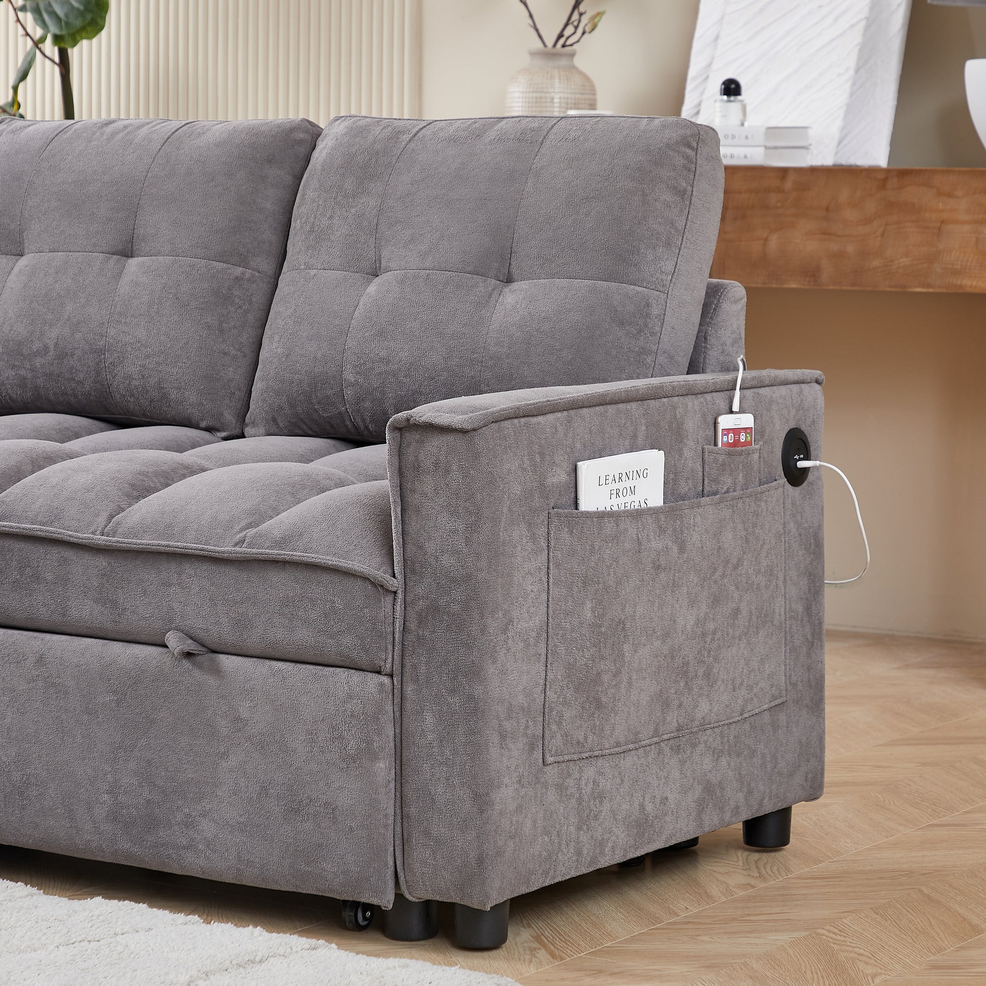 Mh 78.75" Reclining Sofa, Pull Out Sofa Bed With Usb And Tape C Charging Ports, L Shaped Sectional Sofa With Reclining Storage And Arm Side Organizer Pocket Features, Living Room Comfort Sofa Dark Grey Chenille Wood Primary Living Space Eucalyptus Foam