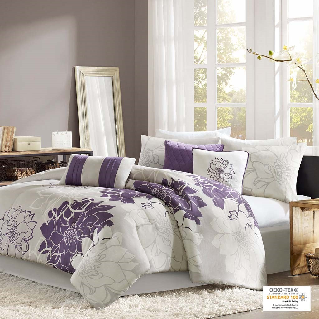 Printed Cotton Sateen Comforter Set Taupe Grey Purple King King Purple Cotton