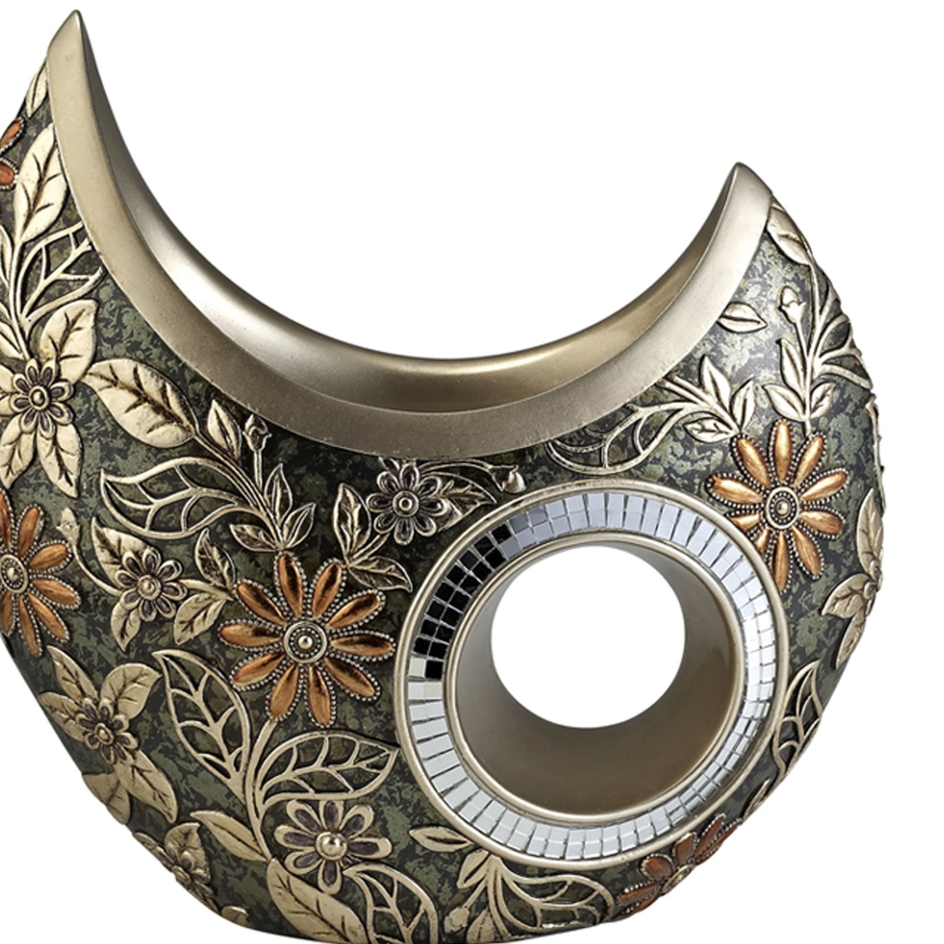 11" Tall Polyresin Decorative Vase, Gold Chrysanthemum Design Gold Polyresin