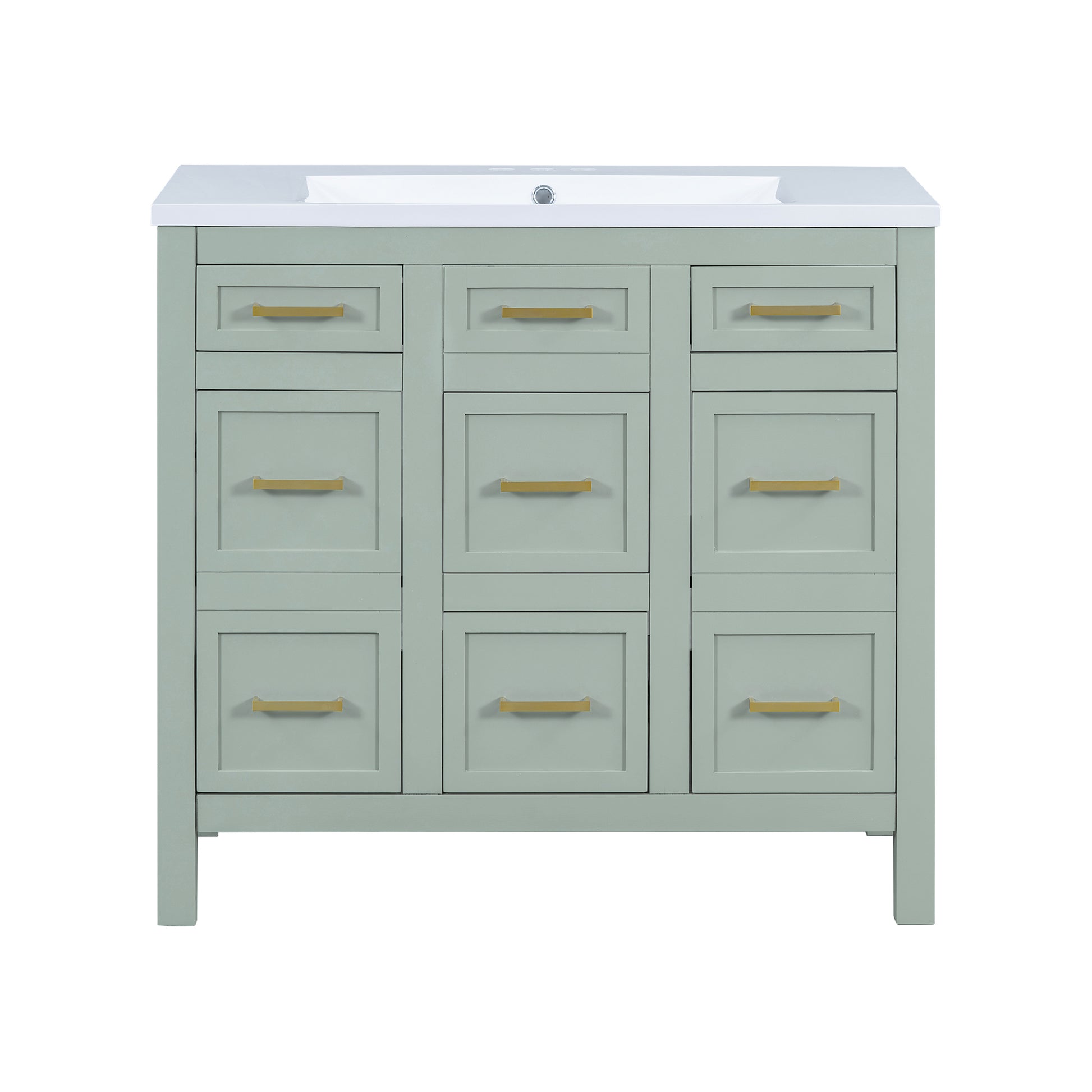 36" Bathroom Vanity Cabinet With Resin Integrated Sink 4 Drawers, 2 Doors Green Bathroom Solid Wood Mdf Resin