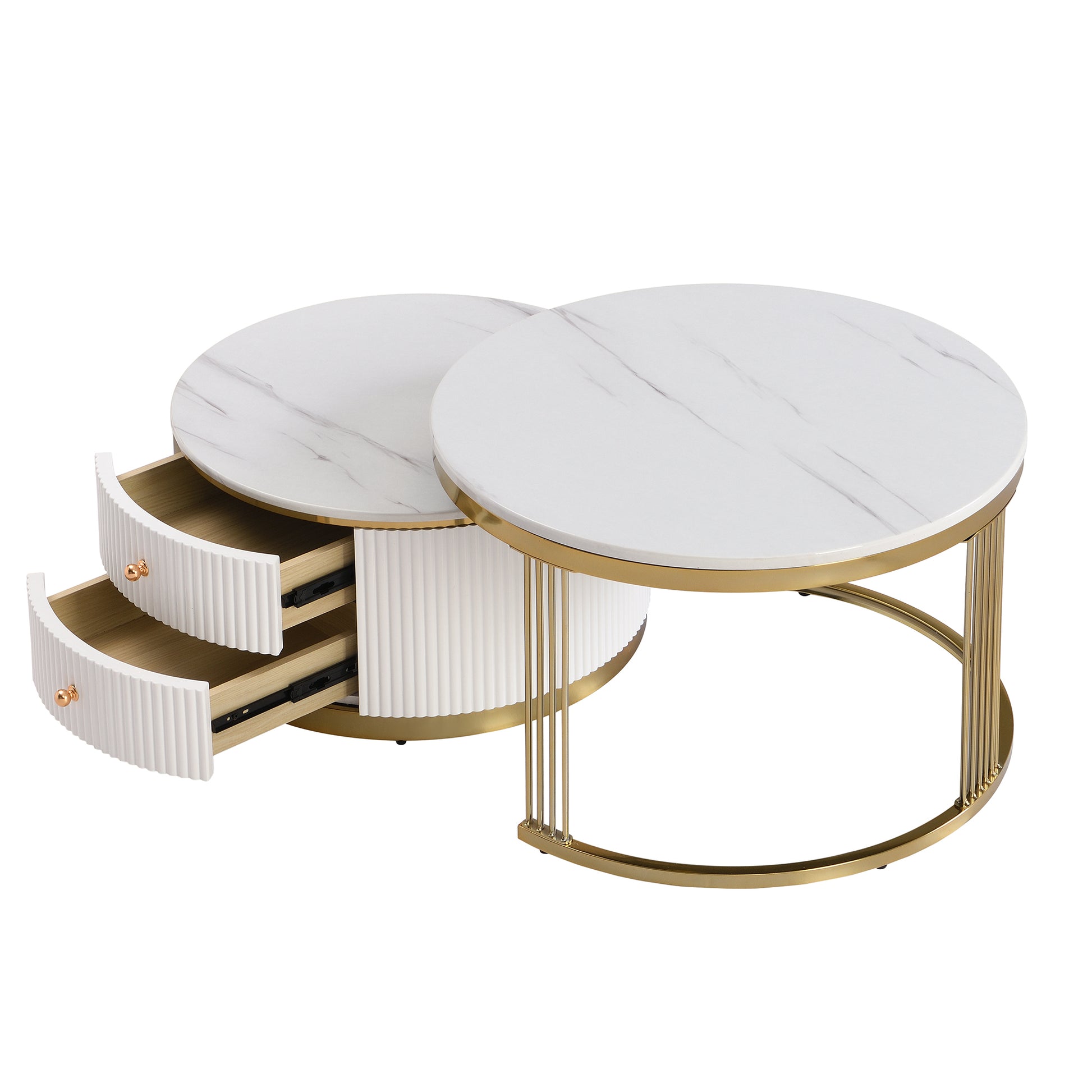 Modern 2 Pieces White Round Nesting Coffee Table With Drawers In 27.6'' Gold White Drawers Coffee & End Tables Glossy Round Metal Mdf Pedestal