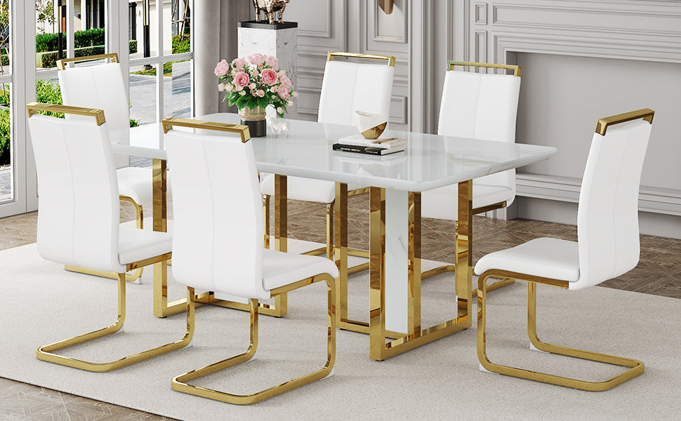 Table And Chair Set.67"X36" White Marble Pattern Mdf Dining Table Set With 6 White Pu Chairs.Mdf Sticker,White Marble Pattern Sticker,Gold C Tube Chair Legs,Suitable For Kitchen,Dining Room,Etc.