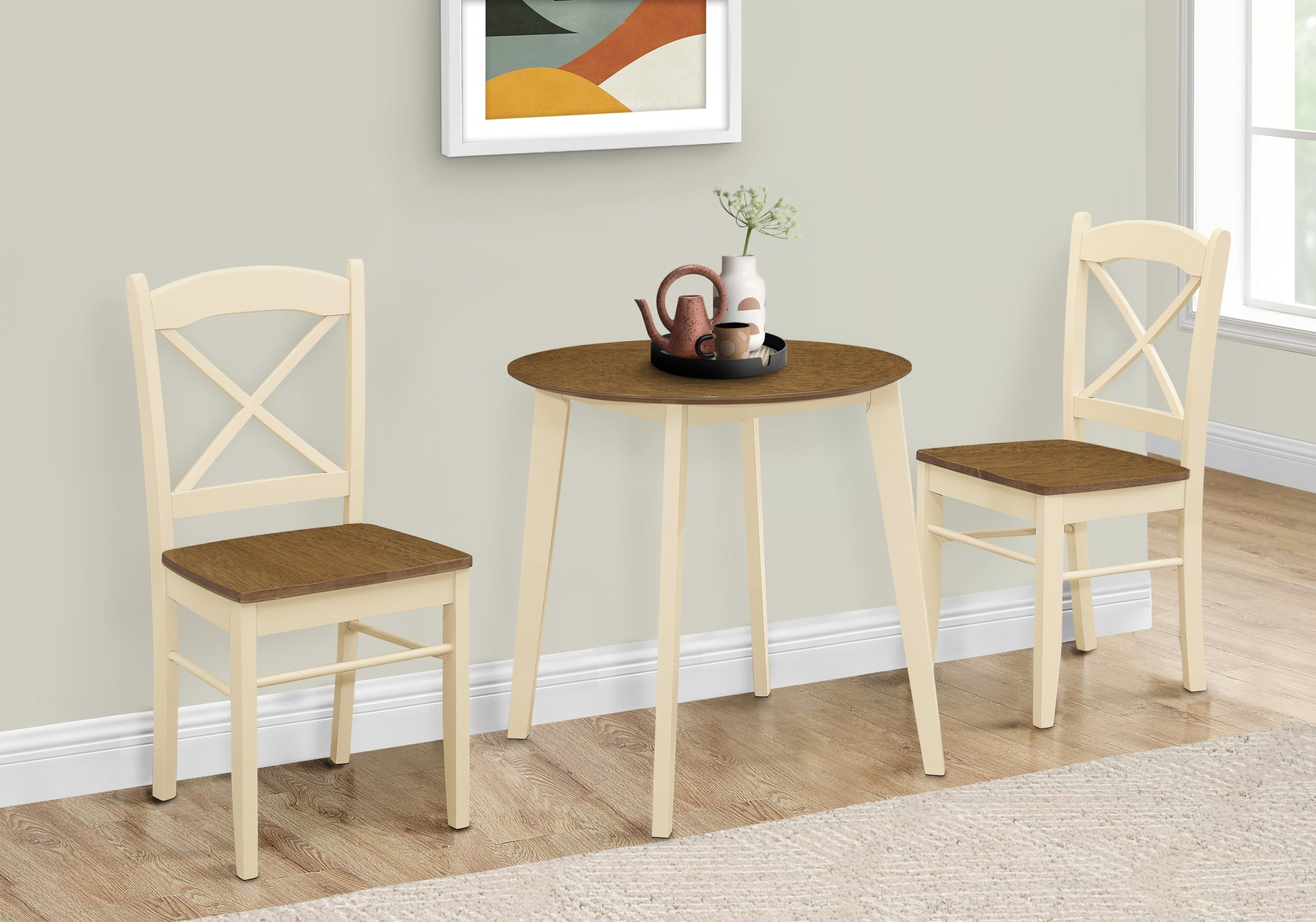 Dining Table, 30" Round, Small, Kitchen, Dining Room, Oak And Cream, Wood Legs, Transitional Cream Solid Wood Mdf