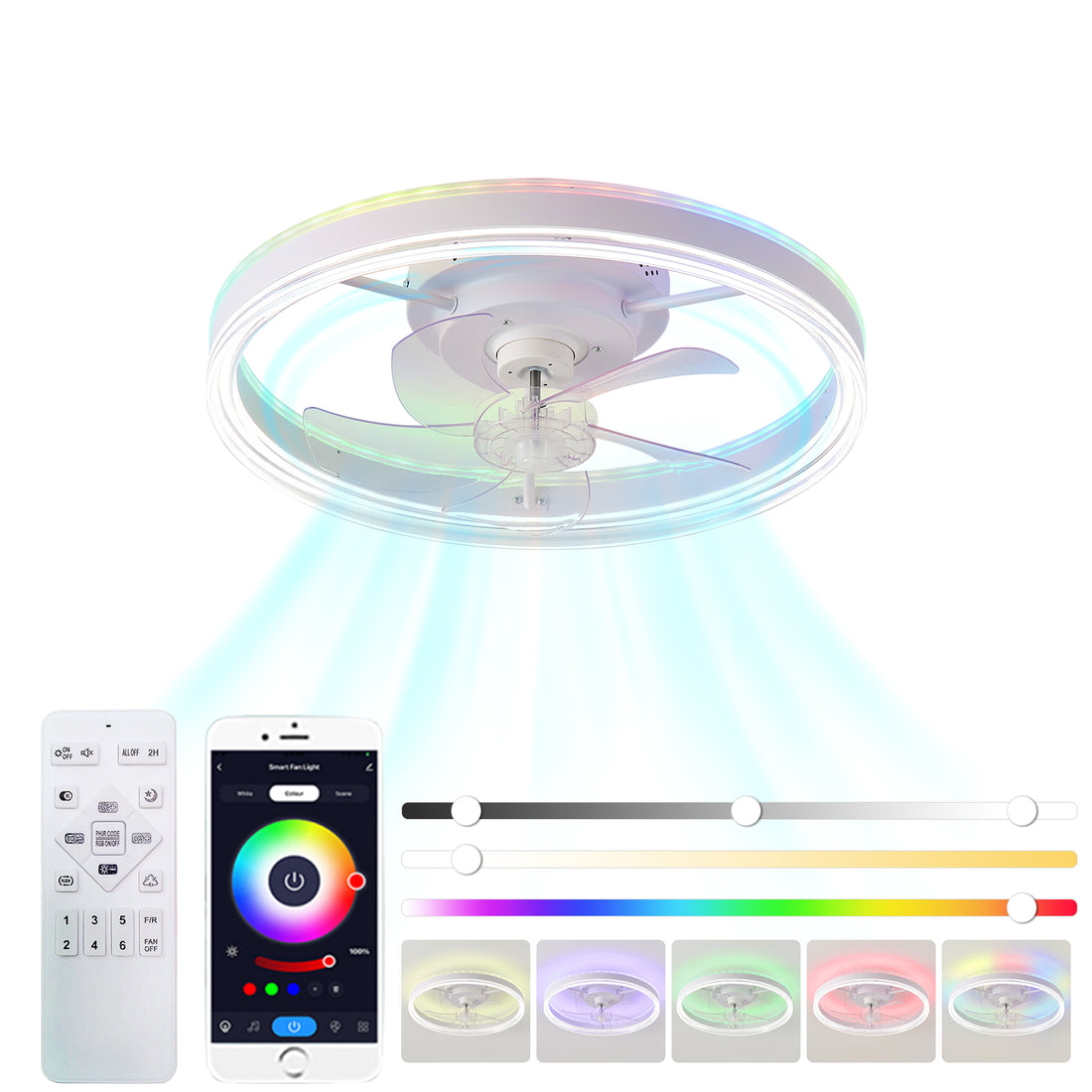 19.7 Inches Fan Light Rgb Color Lights Three Color Temperature 6 Speed Adjustable Wind Power Positive And Negative Rotation White Modern Acrylic