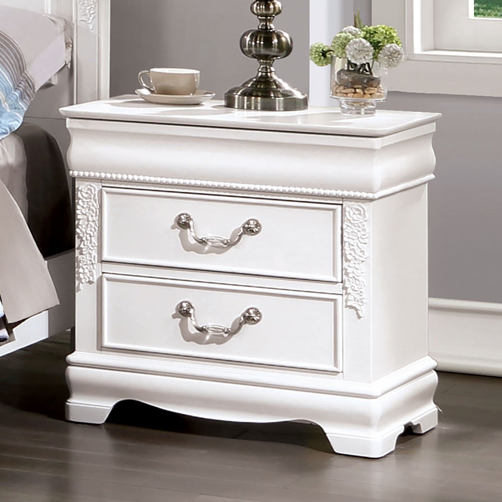 Classic White Color 1Pc Nightstand Bedroom Furniture Solid Wood Nickel Hanging Pulls 2 Drawers Bedside Table White White 2 Drawers Bedroom Bedside Classic White Color 1Pc Nightstand Bedroom Furniture Solid Wood Nickel Hanging Pulls 2 Drawers Bedside Table White White 2 Drawers Bedroom Bedside