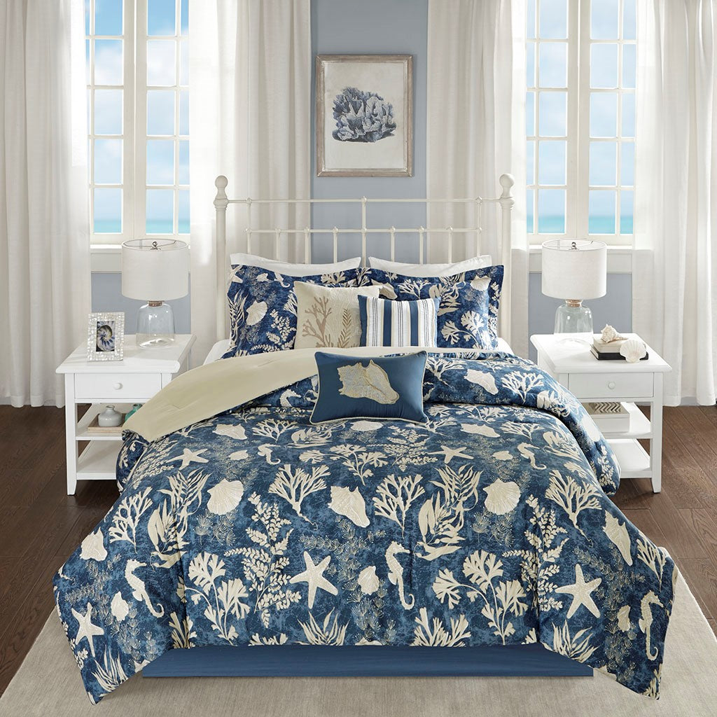 7 Piece Cotton Sateen Comforter Set Blue Queen Queen Blue Polyester