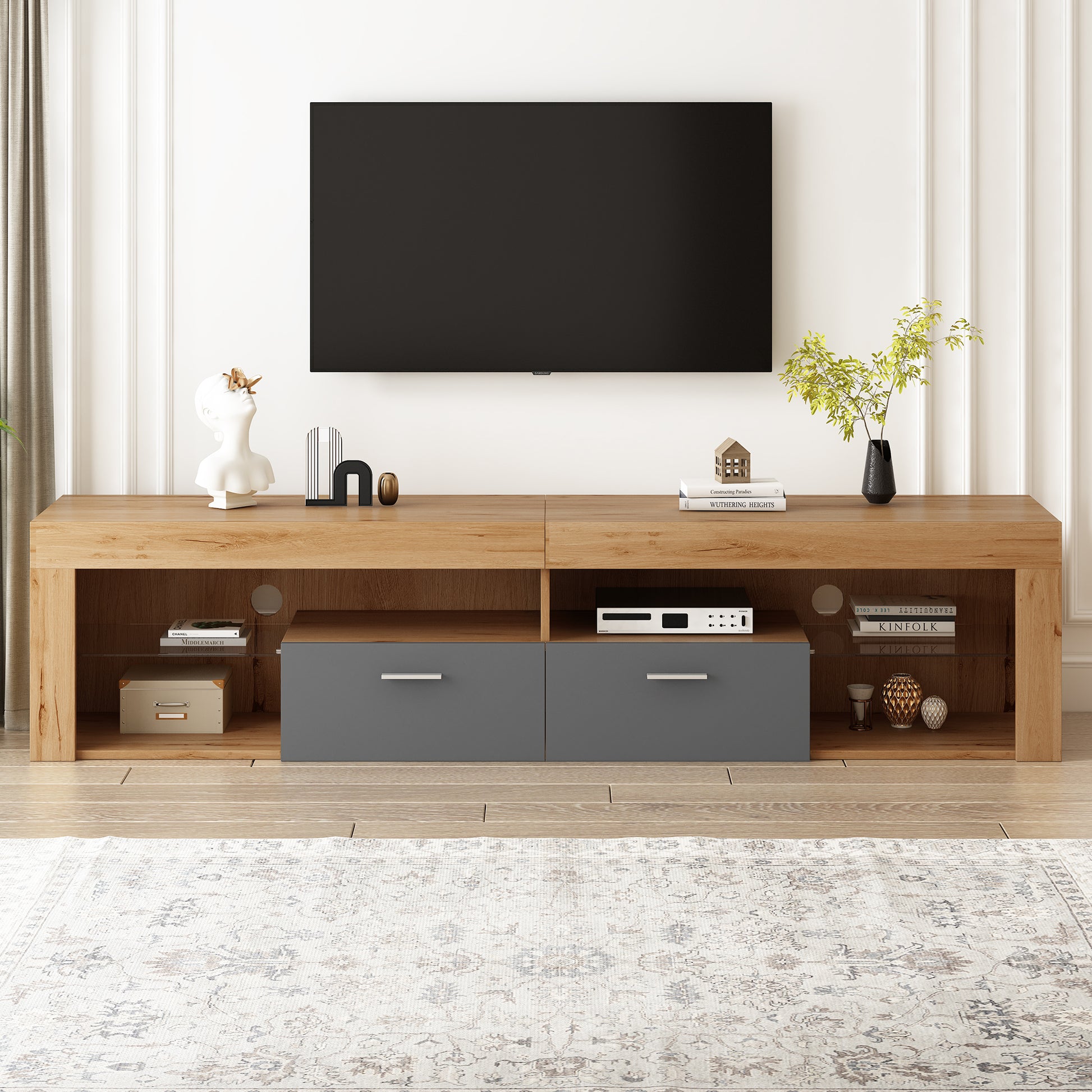 Modern Design Tv Stands For Tvs Up To 80'', Led Light Entertainment Center, Media Console With 6 Storage Cabinets, Tv Cabinet For Living Room, Bedroom, Home Theatre Black,Wood Brown Primary Living Space 70 79 Inches 70 79 Inches Modern 75 Inches Particle