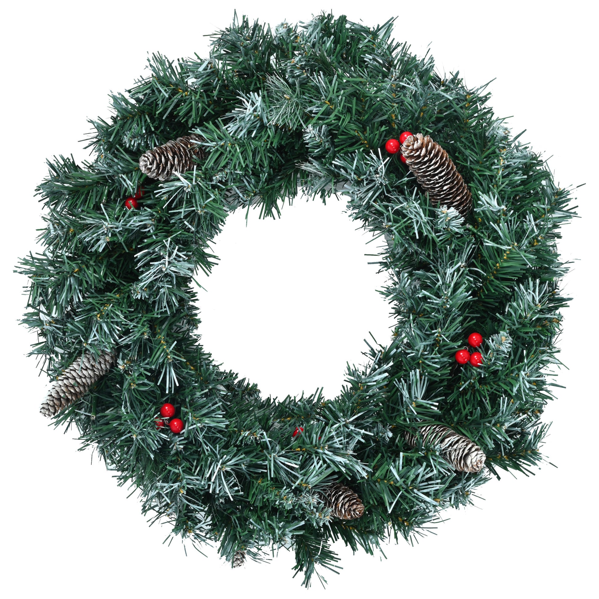 6Ft Dark Green Pine Christmas Tree, Pre Lit Set With Tree & Garland & Wreath, Hinged Artificial Xmas Tree With White Tips, Red Berries And Pine Cones, 11 Colorful Modes, Indoor Holiday Decoration Green Pvc