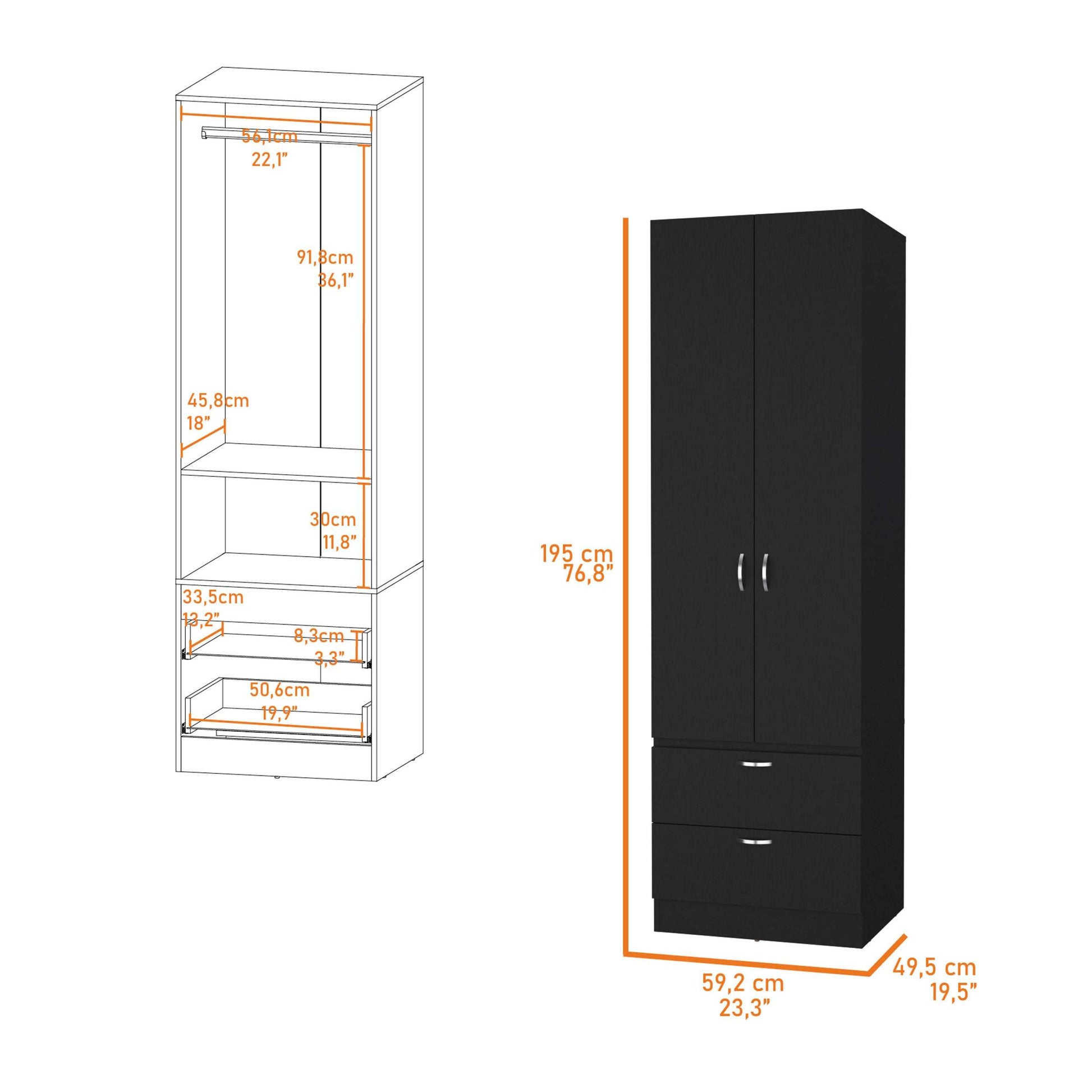 Black 2 Door 2 Drawer Wardrobe Black Bedroom Melamine