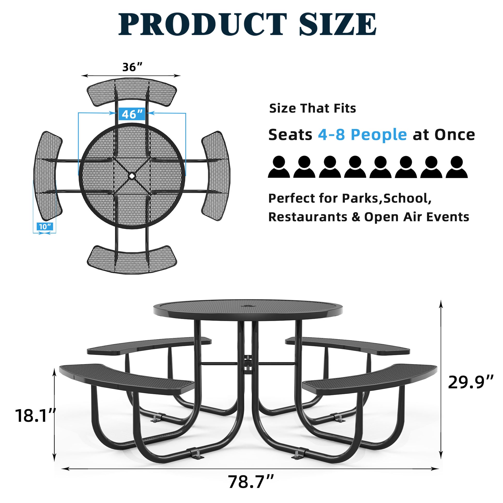 Round Outdoor Steel Picnic Table 46" With Umbrella Pole,Black Black Steel Steel