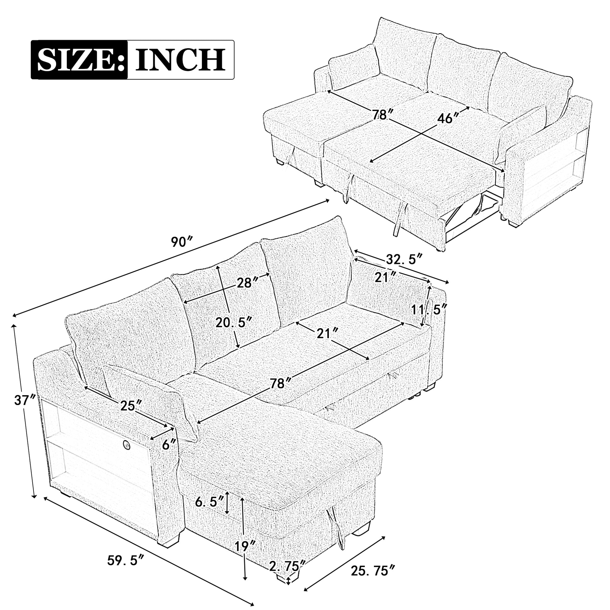 90" Pull Out Sleeper Sofa L Shaped Couch Convertible Sofa Bed With Storage Chaise, Storage Racks And Usb Ports, Light Brown Light Brown Foam Polyester 3 Seat