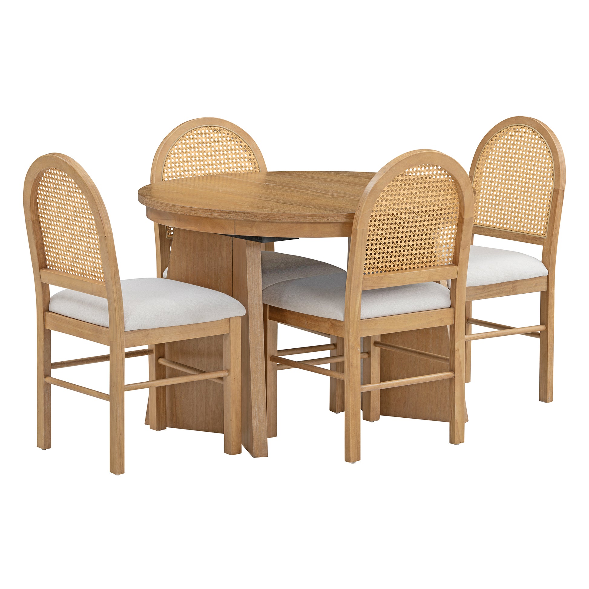 5 Piece Retro Functional Dining Set With 1 Extendable Dining Table And 4 Upholstered Chairs With Rattan Backrests For Dining Room And Kitchen Natural Wood Wash Natural Wood Wash Solid Wood Mdf