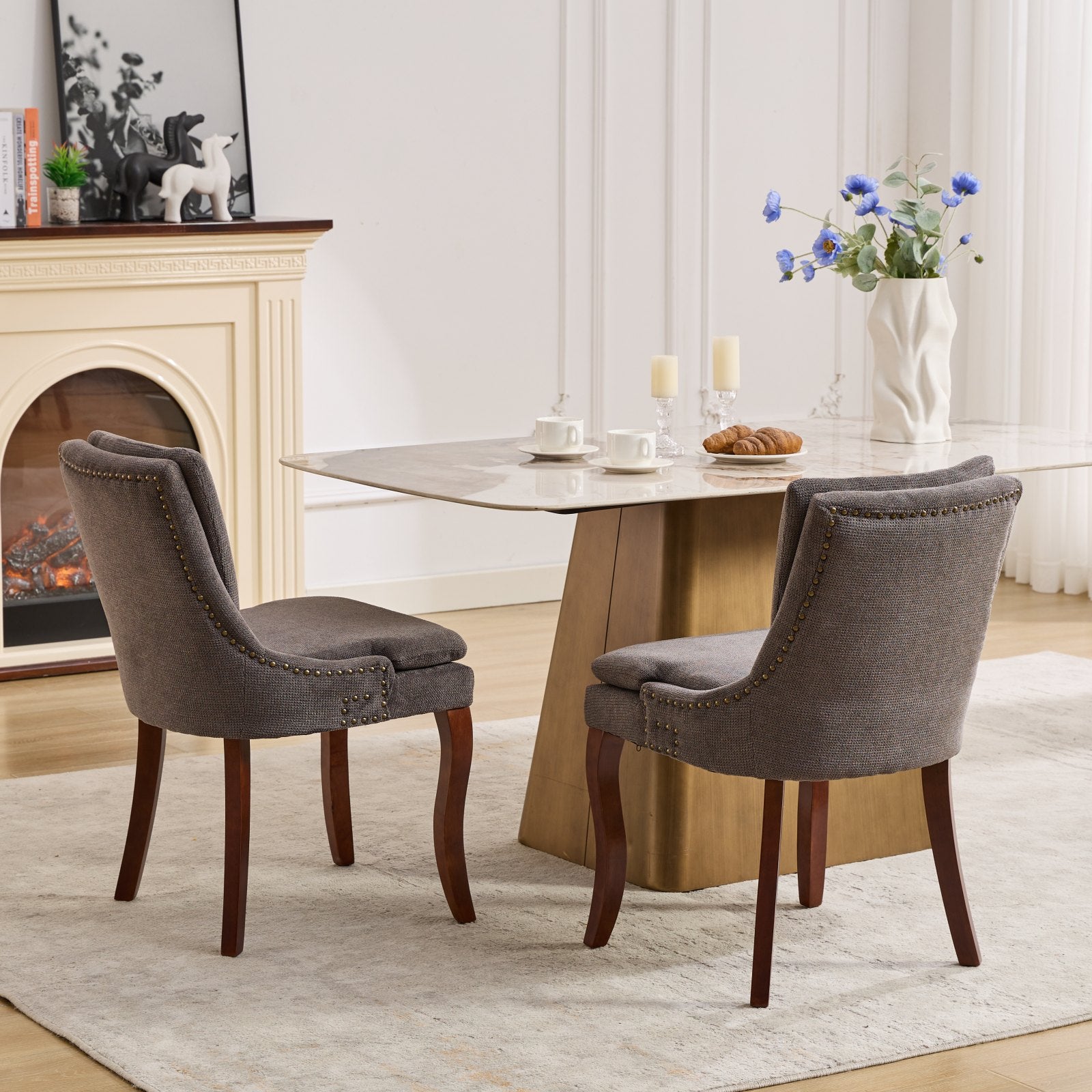 Modern Dining Chairs Set Of 2,Double Layer Cushioned Chenille Fabric Upholstered Accent Side Leisure Chairs With Mid Back And Curved Solid Wood Legs For Living Room Dining Room Gray Gray Dining Room American Design Dining Chairs Rubberwood Set Of 2 Foam