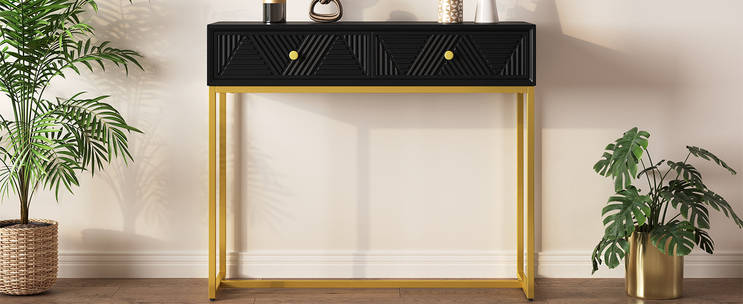 Modern Sleek Console Table Two Drawers With Stripe Design For Living Room And Entryway Black Black Mdf