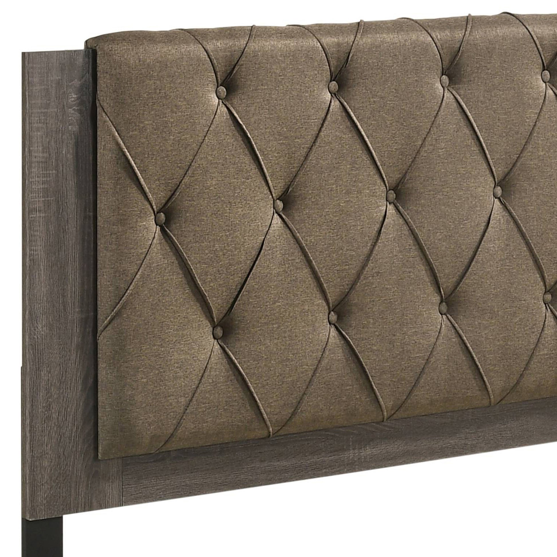 Brown And Rustic Grey Oak Tufted Queen Bed Box Spring Required Queen Brown Wood Bedroom Transitional Panel Wood Fabric