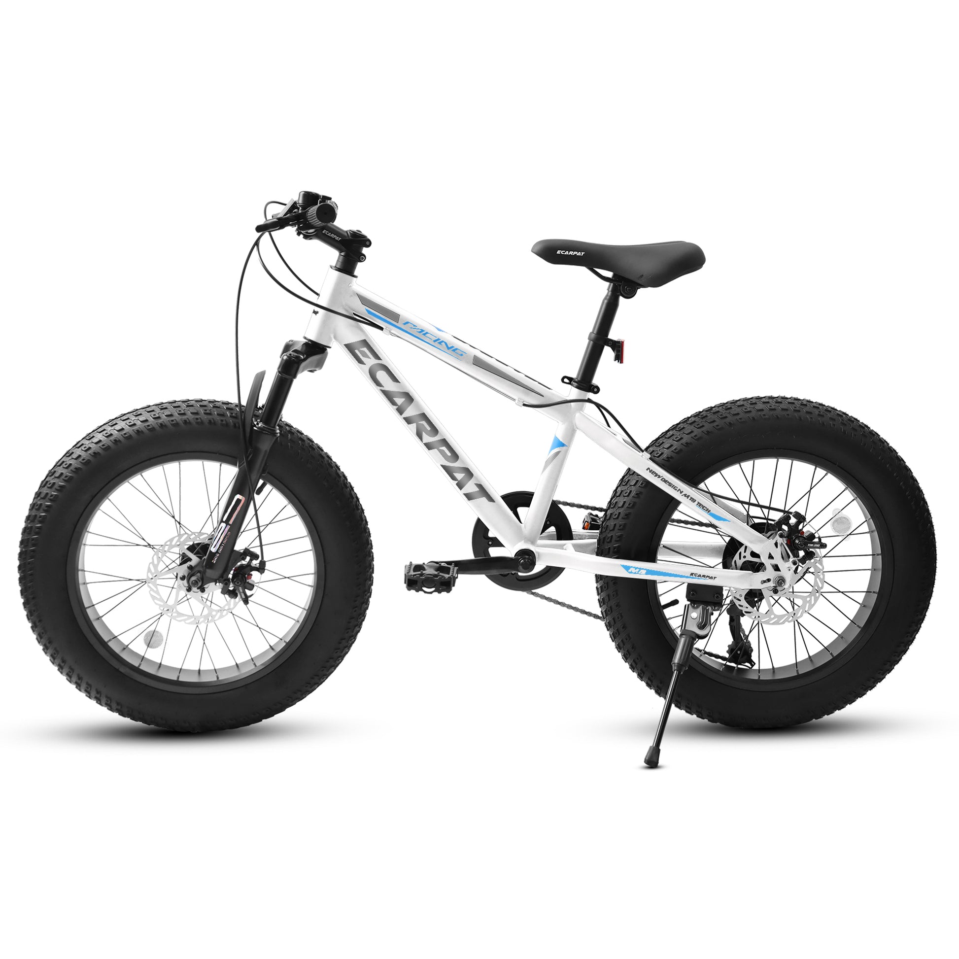 A20316 20 Inch Fat Tire Bike Adult Teen Full Shimano 7 Speed Mountain Bike, Dual Disc Brakes, High Carbon Steel Frame, Front Suspension, Mountain Dirt Bike, City Commuter City Bike, Fat Tire Bike White Steel