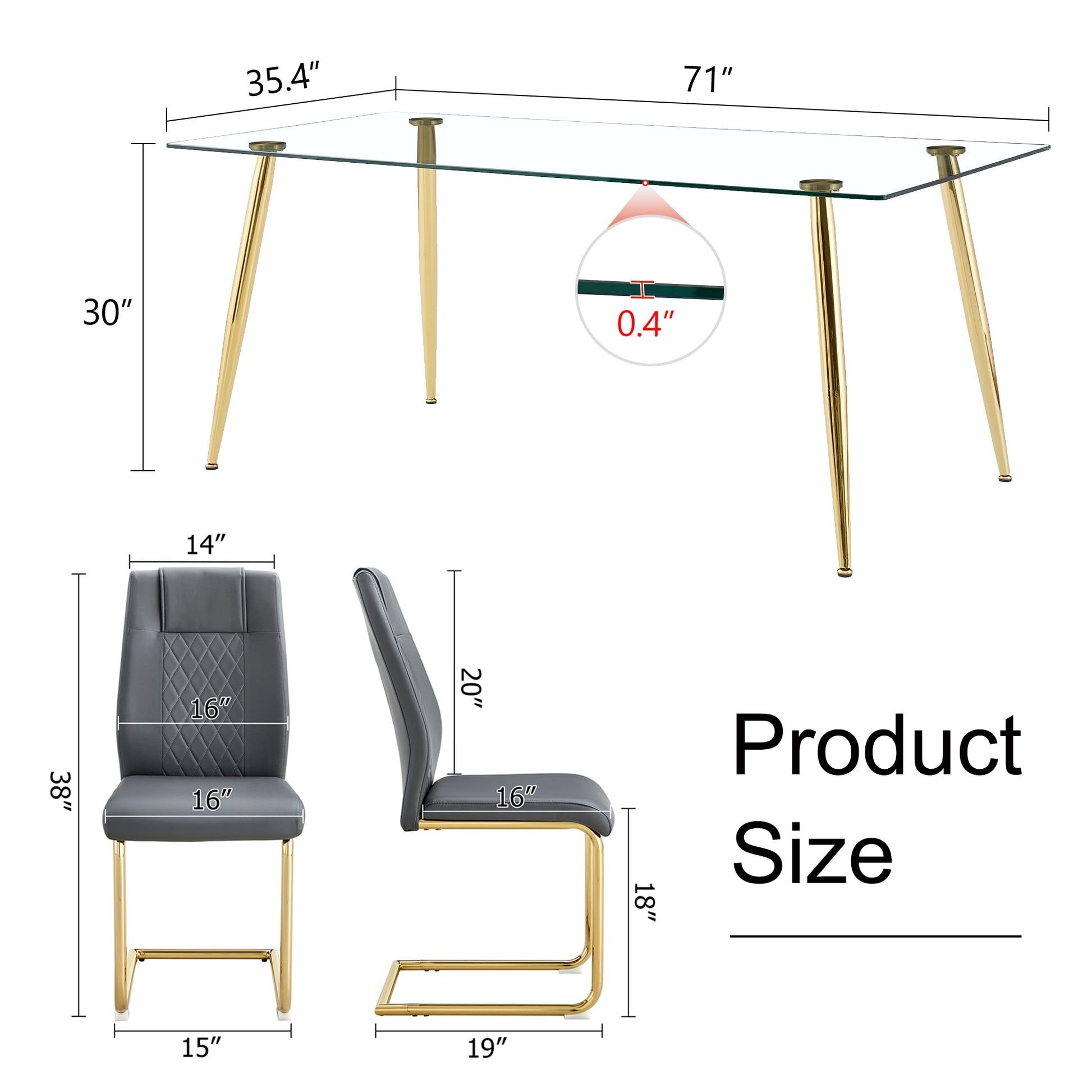 Table And Chair Set.Modern Rectangular Glass Dining Table With A Tempered Glass Tabletop And Metal Legs, Paired With Multiple Chairs Designed With Pu Cushions And Golden Metal Legs. Grey Gold Seats 8 Tempered Glass