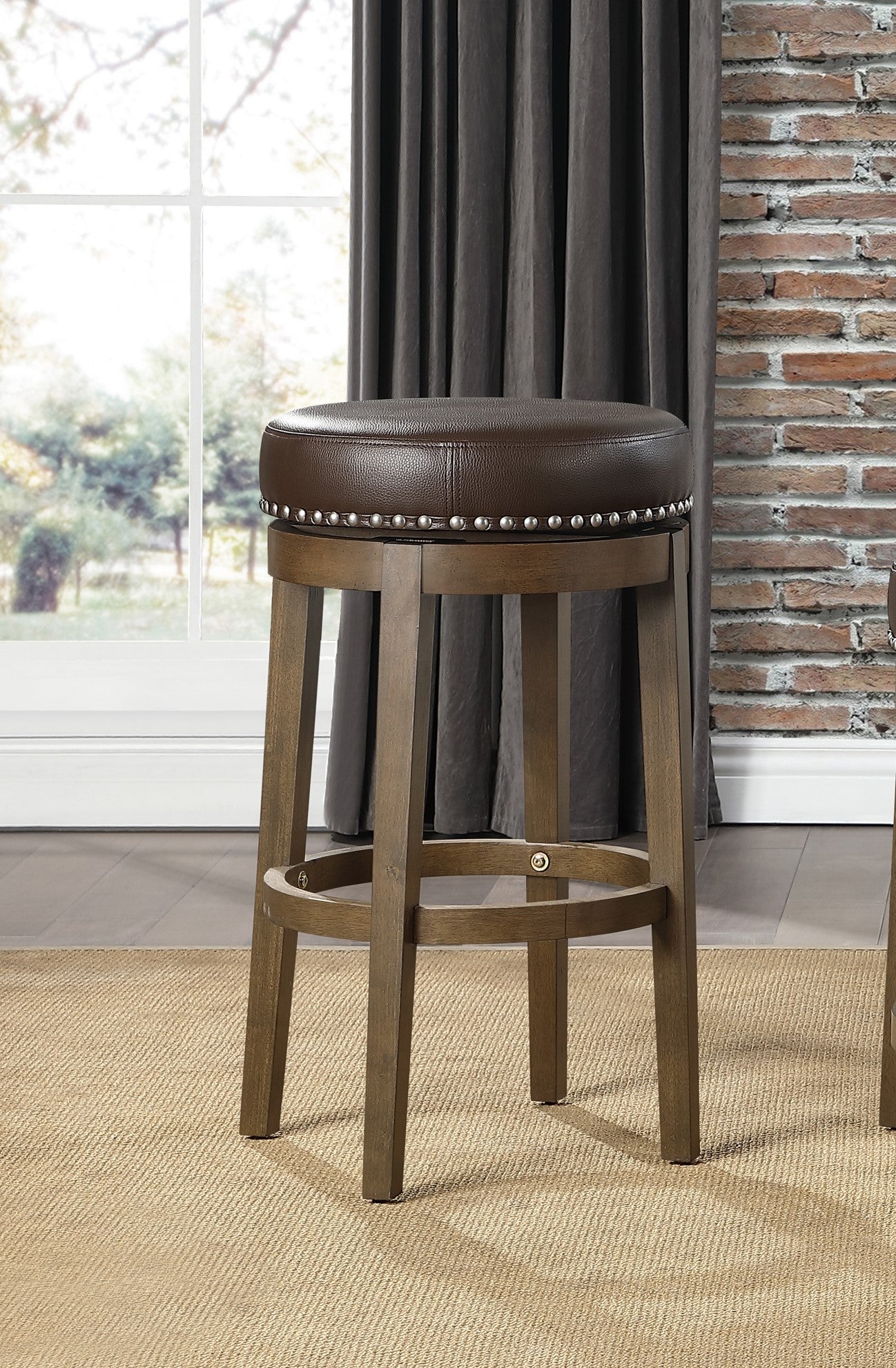 Round Swivel Bar Stools Set Of 2, Brown Faux Leather 360 Degree Swivel Seat Trim Solid Wood Frame Brown Finish Furniture Brown Dining Room Round Solid Wood