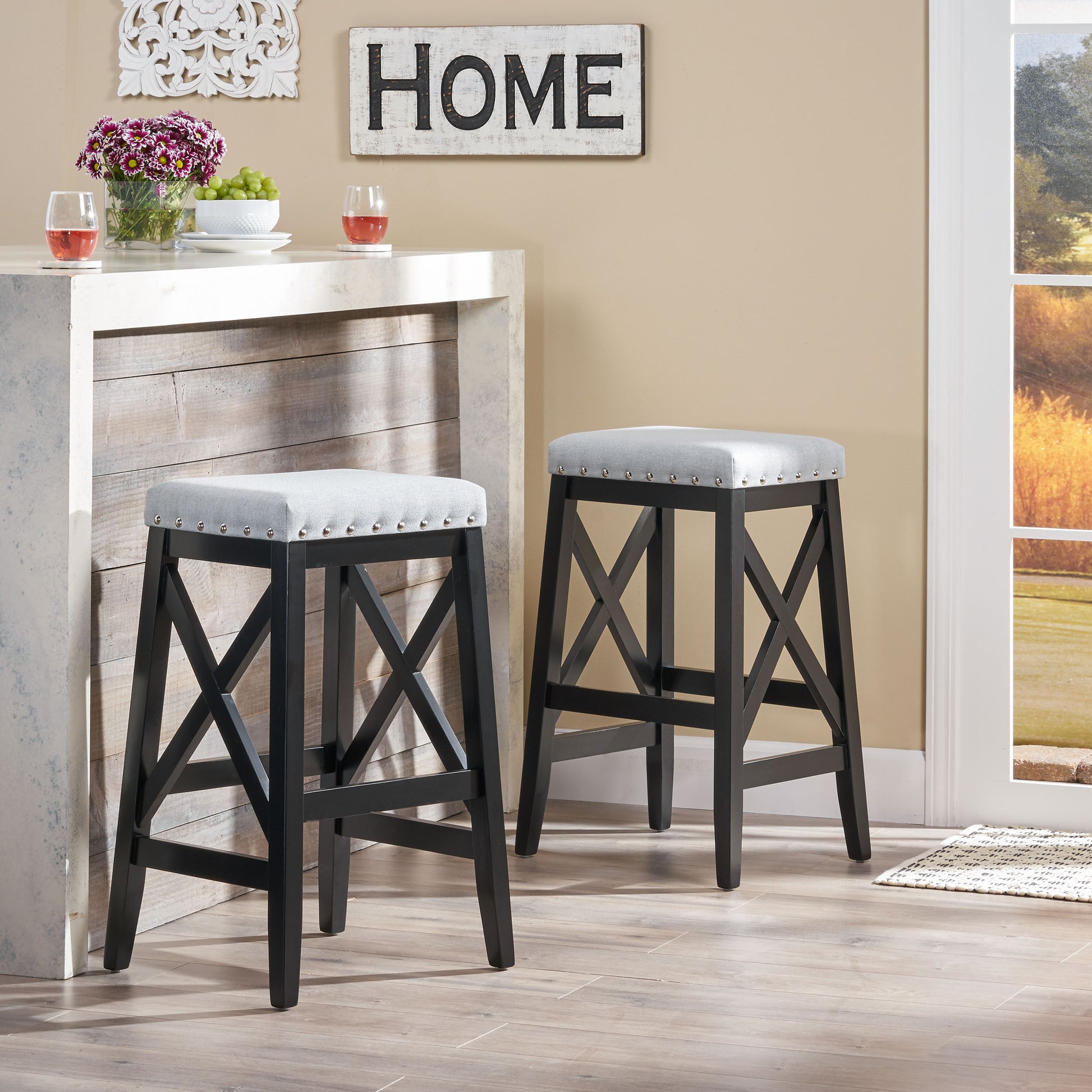 Saddle Barstool Light Grey Wood Fabric