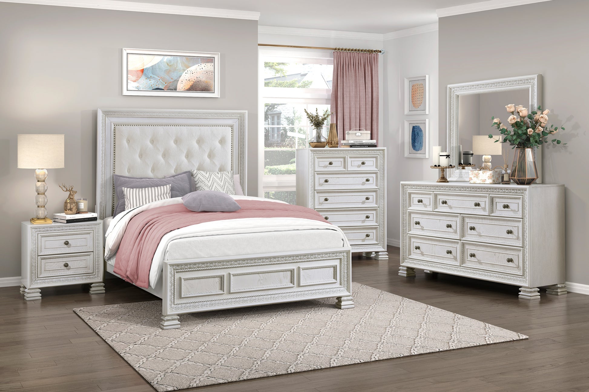 Classic Luxury Pearl White Finish King Bed Button Tufted Upholstered Headboard Bedroom Furniture 1Pc, Dart Molding Design Panels Box Spring Required King White Wood Bedroom Bed Frame Polyester Wood