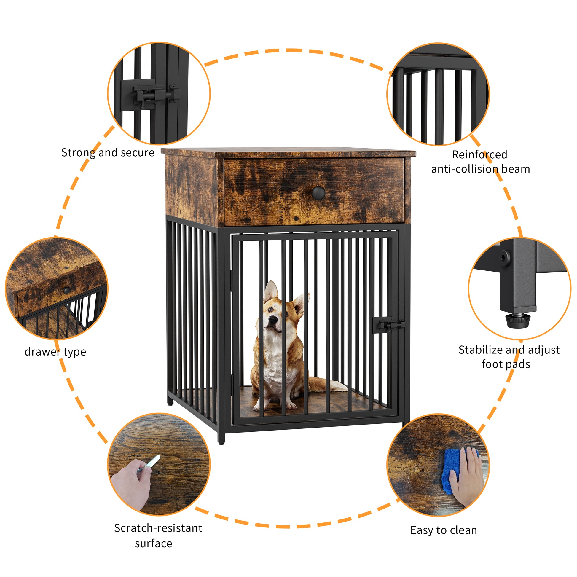 Dog Crate Furniture, Dog House, Decorative Dog Kennel With Drawer, Indoor Pet Crate End Table For Small Dog, Iron Tube Dog Cage, Chew Proof Brown Mdf