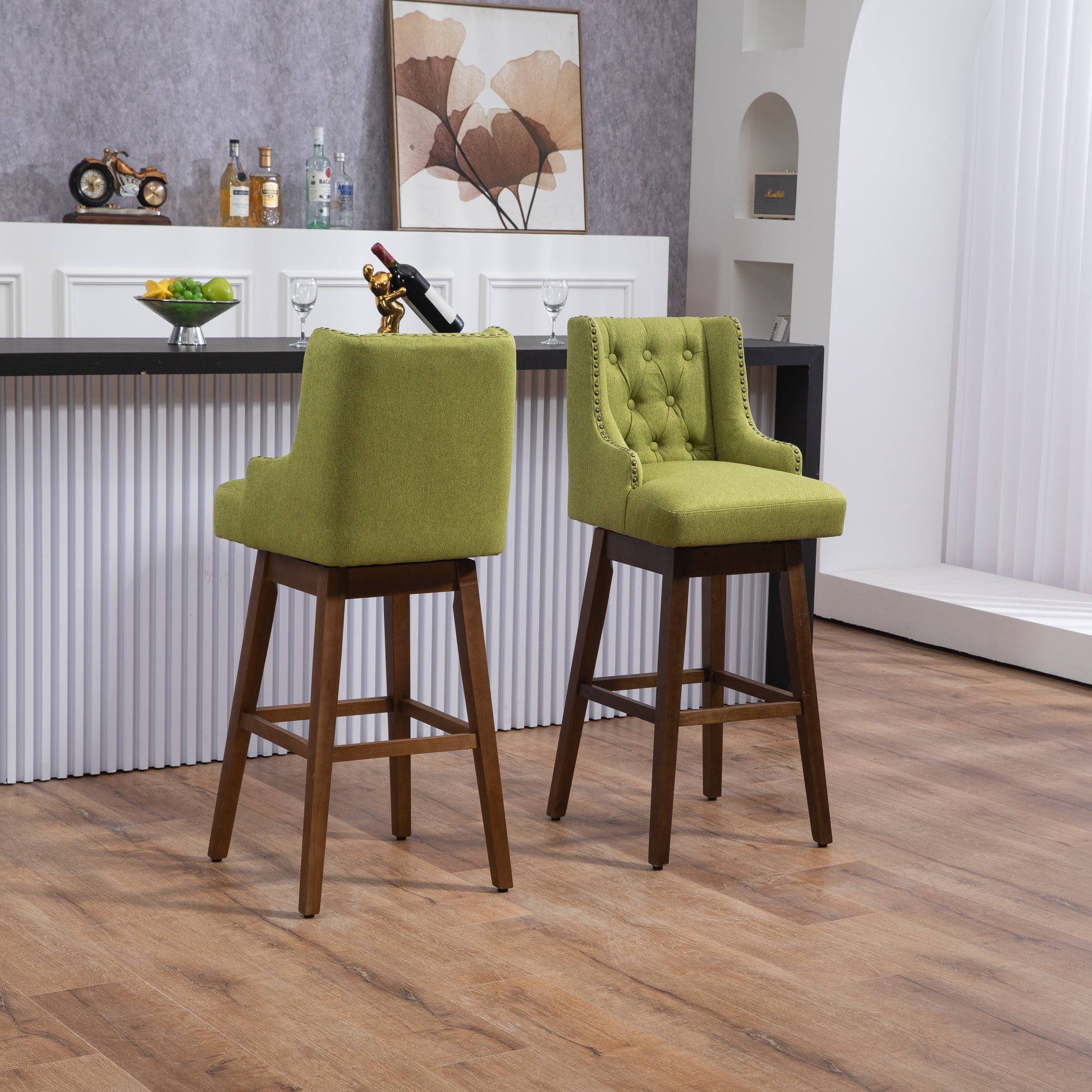 Coolmore Bar Stools Set Of 2 Counter Height Chairs With Footrest For Kitchen, Dining Room And 360 Degree Solid Wood Legs Swivel Bar Stools Set Of 2 Olive Linen Olive Foam Linen