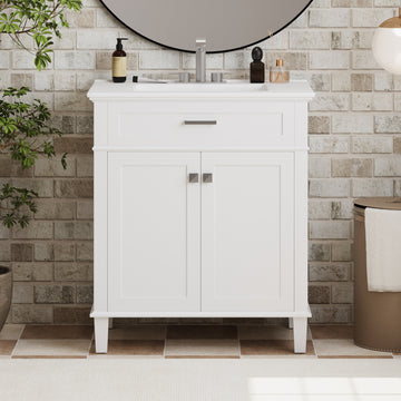 30 Inch Bathroom Vanity With Ceramic Basin, Soft Close Door And Adjustable Shelves White Bathroom Solid Wood Mdf