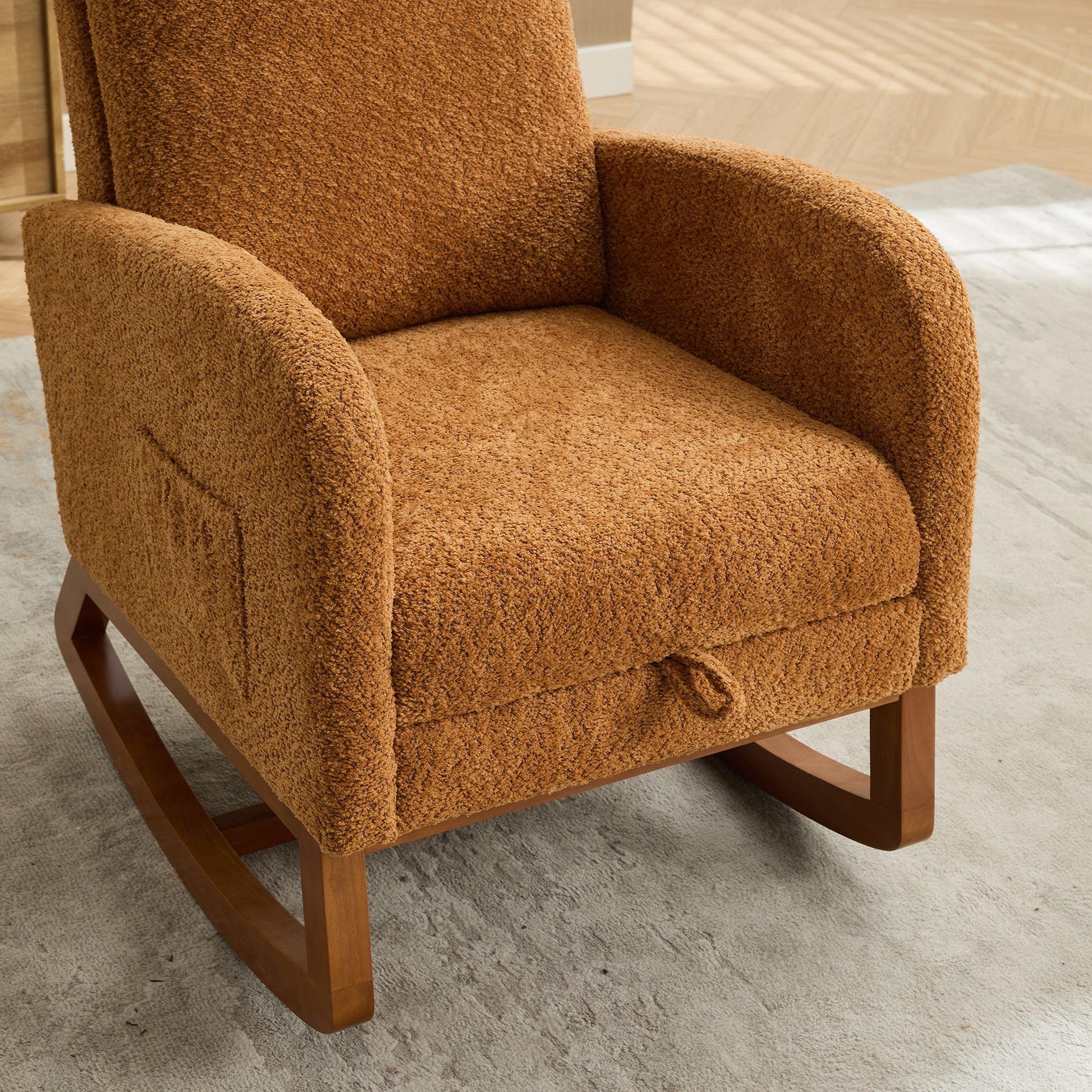 25.4"W Rocking Chair For Nursery, High Back Glider Chair With Retractable Footrest, Side Pocket, Rocking Accent Armchair With Rubber Wood Legs For Living Room Bedroom.Caramel Caramel Boucle