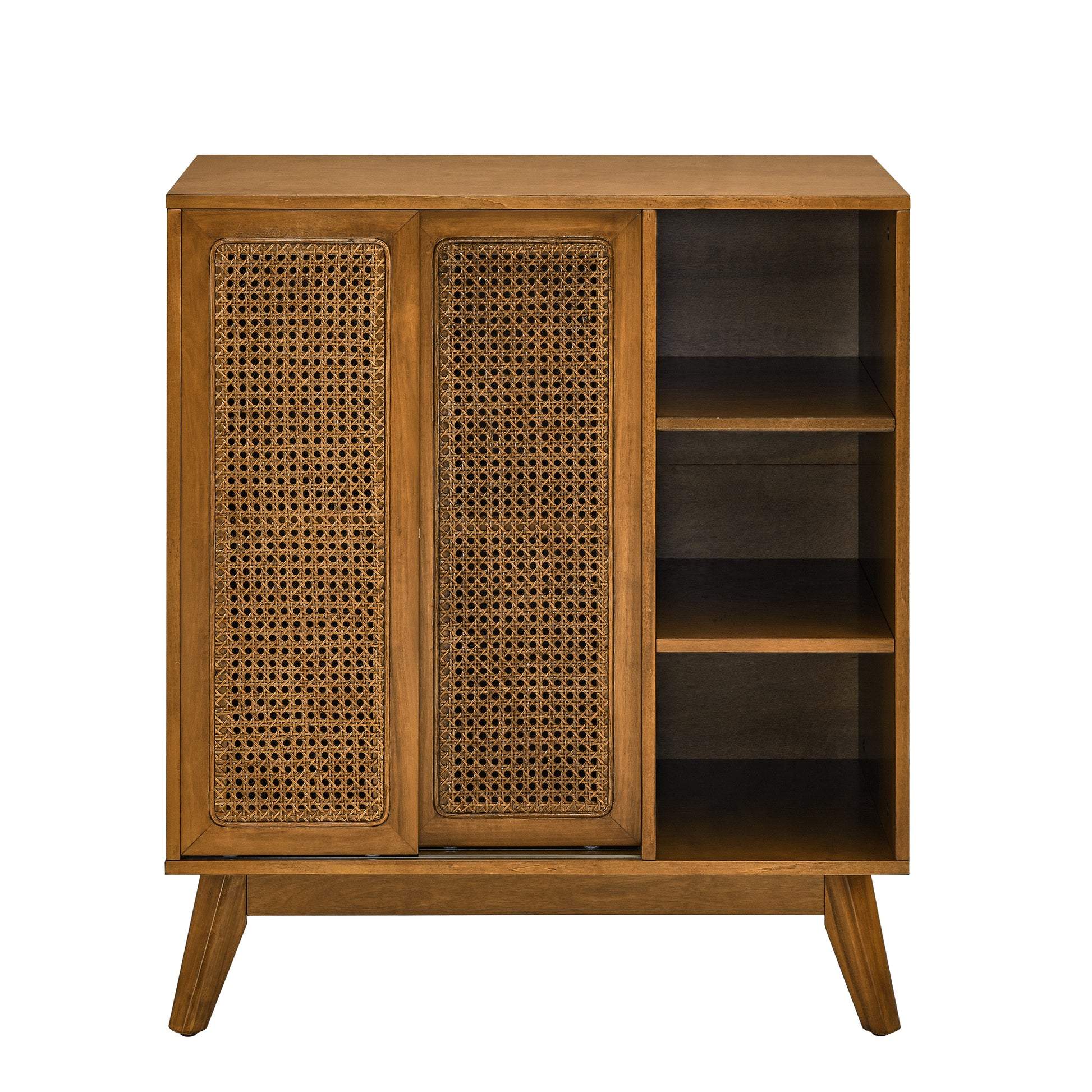 Mid Century Modern Rattan Sideboard Cabinet, Buffet Cabinet For Entryway Hallway Living Room Kitchen Dining Room Bedroom, Adjustable Shelf & Solid Wood Feet & Rattan Cabinet Doors Light Wood Walnut Mdf