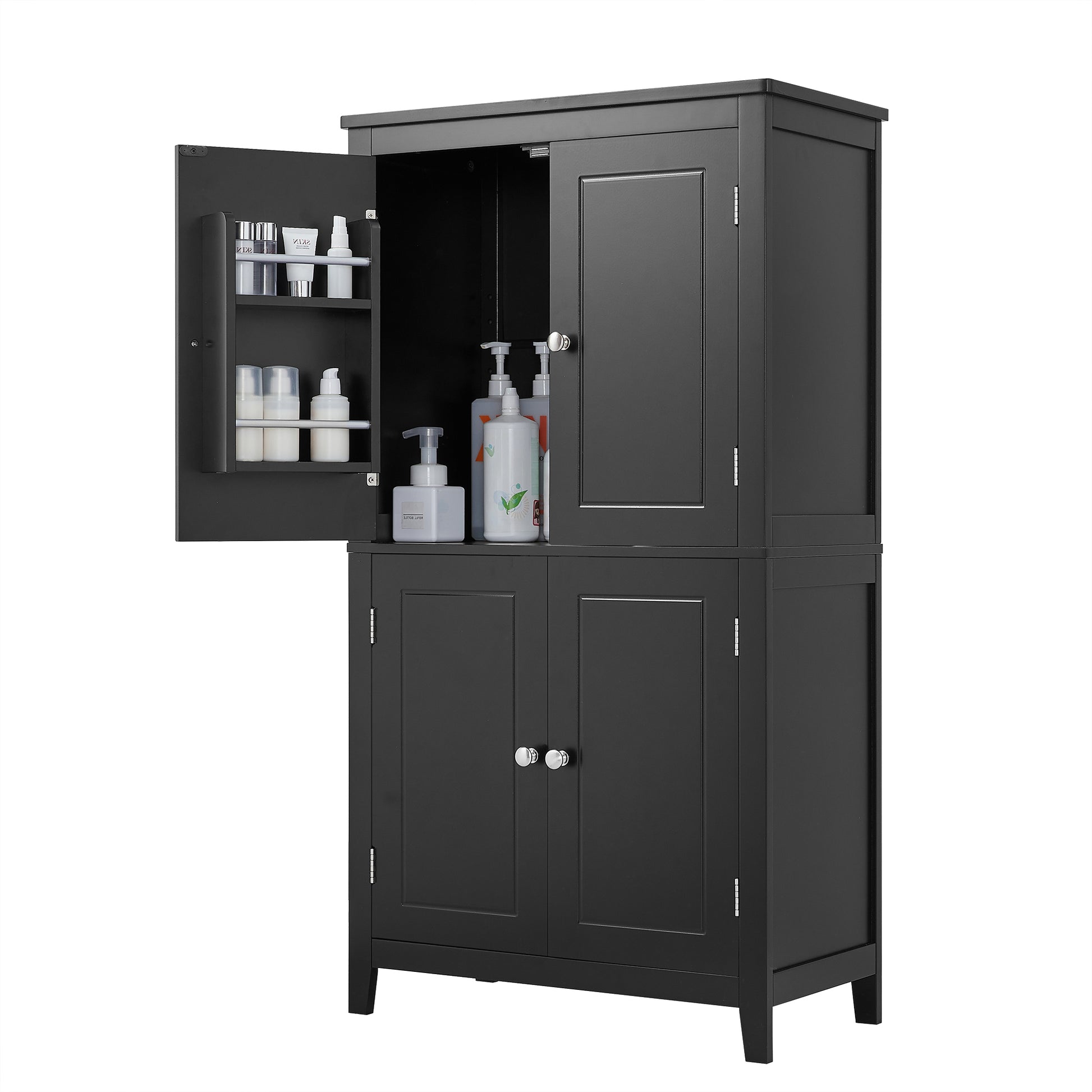 Elegant Bathroom Floor Storage Cabinet, Bathroom Storage Unit, Freestanding Cabinet With 4 Doors, Adjustable Shelves, Adaptable Shelves, Black Black Mdf