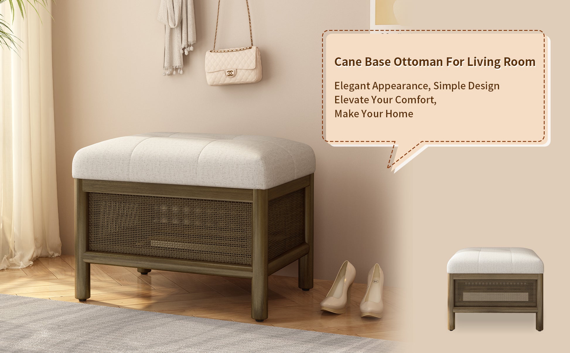 Cane Base Ottoman Dark Walnut Cream 21.5"*16"*17" White Deep Walnut Wood Soft American Traditional Hickory Wood Rectangle Wood Fabric