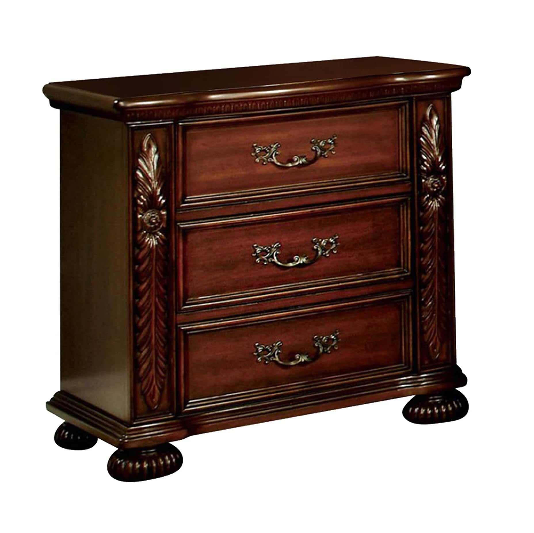 Brown Cherry Traditional 1Pc Nightstand Solid Wood 3 Drawers Bedside Table Pewter Hanging Pull Grand Design Bedroom Furniture Brown Brown 3 Drawers Bedroom Bedside Cabinet Classic,Luxury,Traditional Drawers Cherry Solid Wood