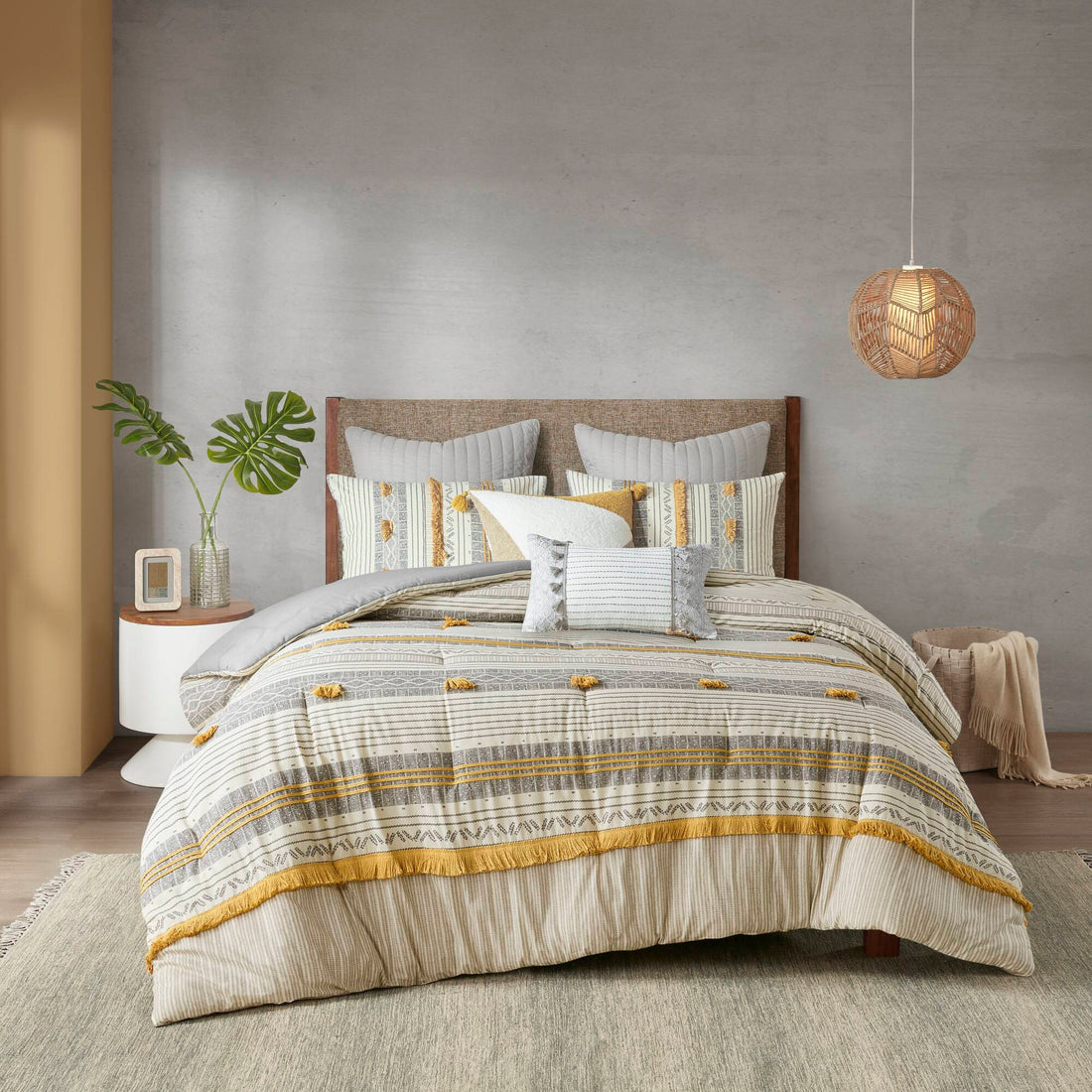 3 Piece Cotton Comforter Set Gray Yellow Full Queen Queen Gray Yellow Cotton