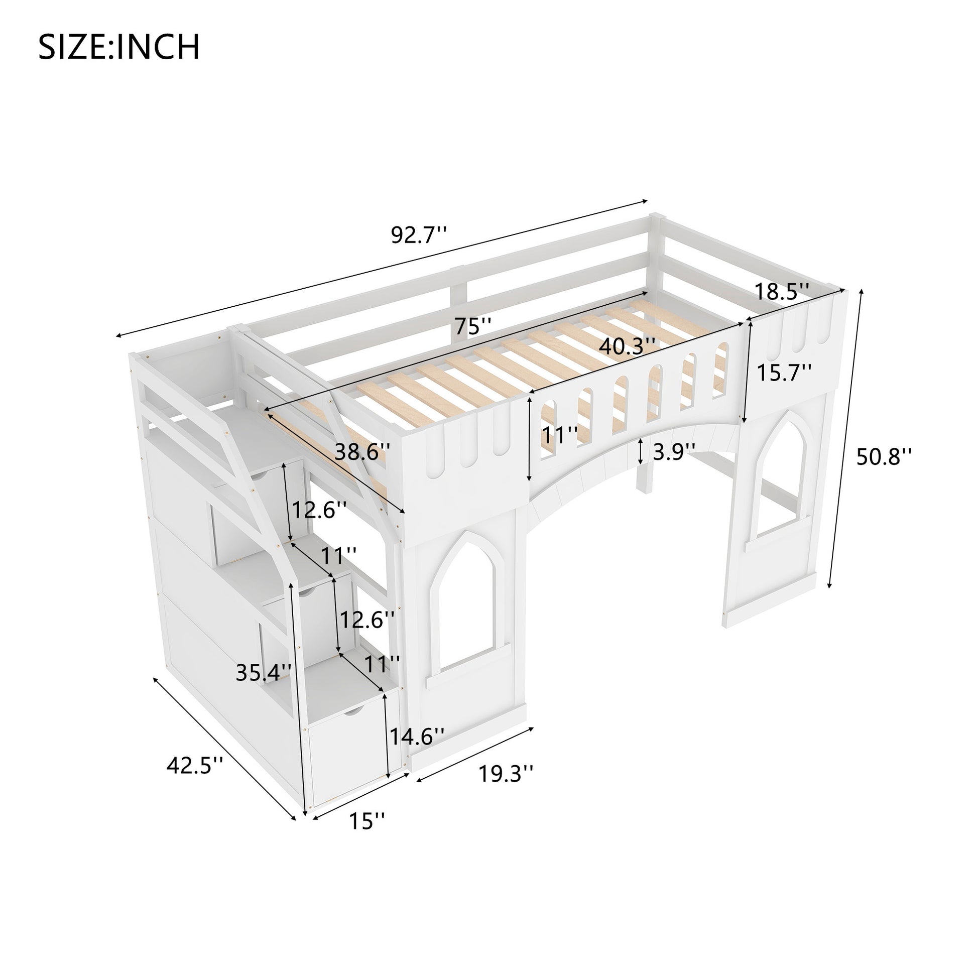 Twin Size Loft Bed With Storage Staircase And Window, White Box Spring Not Required Twin White Wood Bedroom Solid Wood Mdf