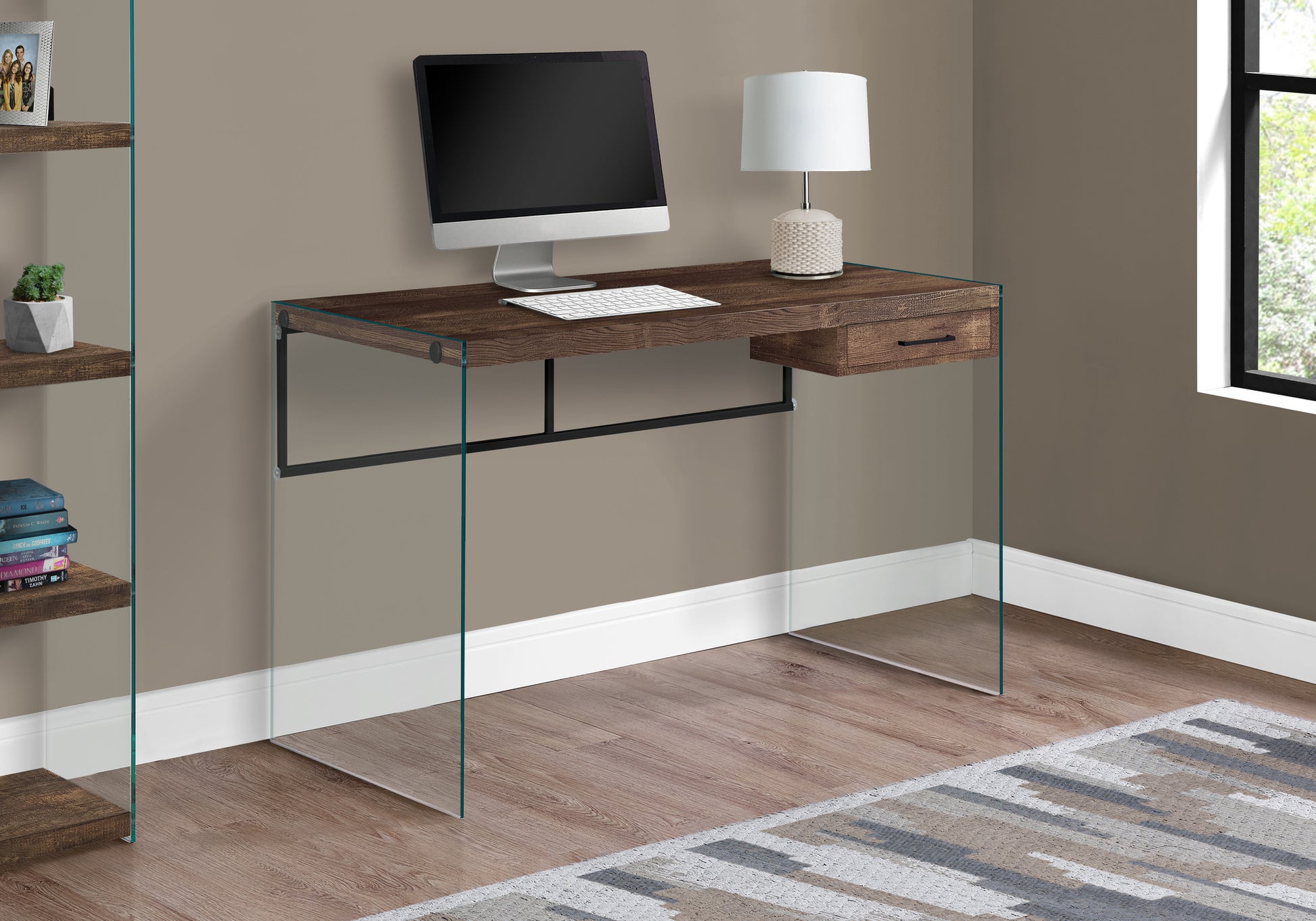 Computer Desk, Home Office, Laptop, Storage Drawers, 48"L, Work, Brown Laminate, Clear Tempered Glass, Contemporary, Modern Brown Particle Board