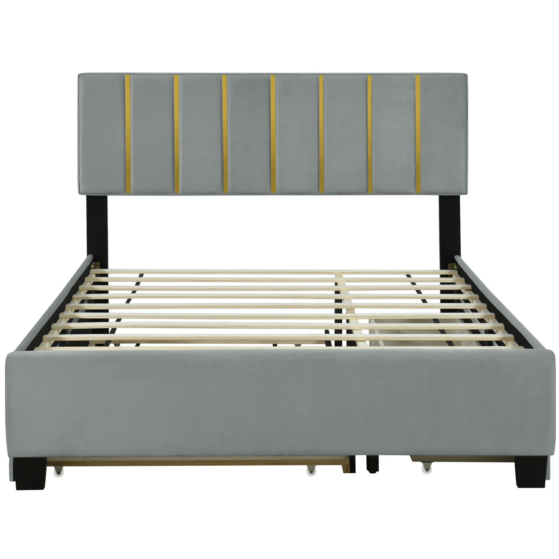 Queen Size Upholstered Platform Bed With 2 Drawers And 1 Trundle, Classic Metal Strip Headboard Design, Grey Queen Gray Mdf Lvl