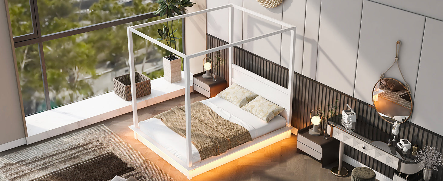 Queen Size Wood Led Canopy Bed ,Canopy Platform Bed With Support Slats, No Box Spring Needed, White Queen White Plywood