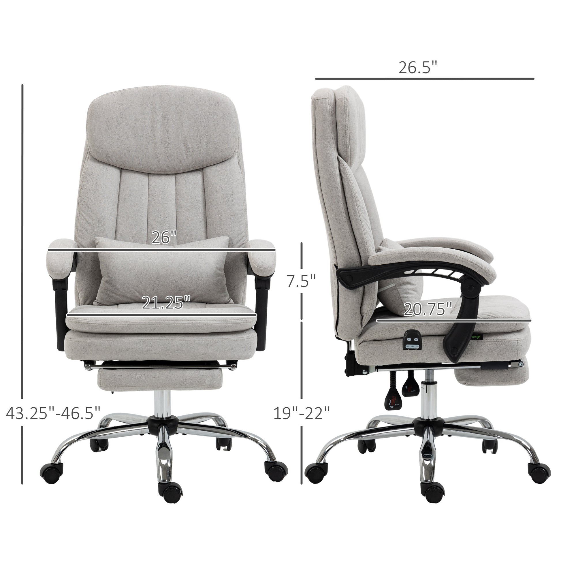 Vinsetto Microfibre Executive Massage Office Chair, Swivel Computer Desk Chair, Heated Reclining Computer Chair With Lumbar Support Pillow, Light Gray Light Grey Polyester