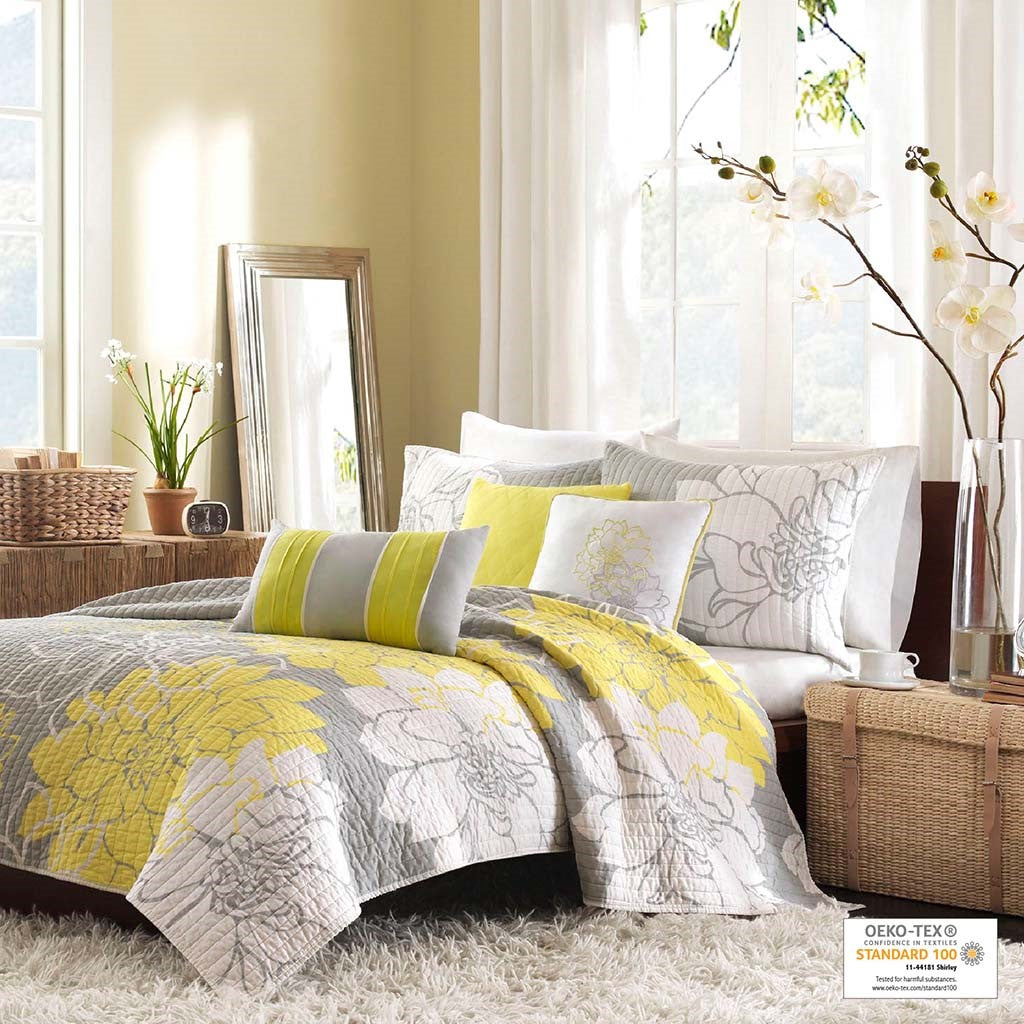 6 Piece Printed Cotton Quilt Set With Throw Pillows Taupe Grey Yellow Full Queen Full Yellow Grey Cotton