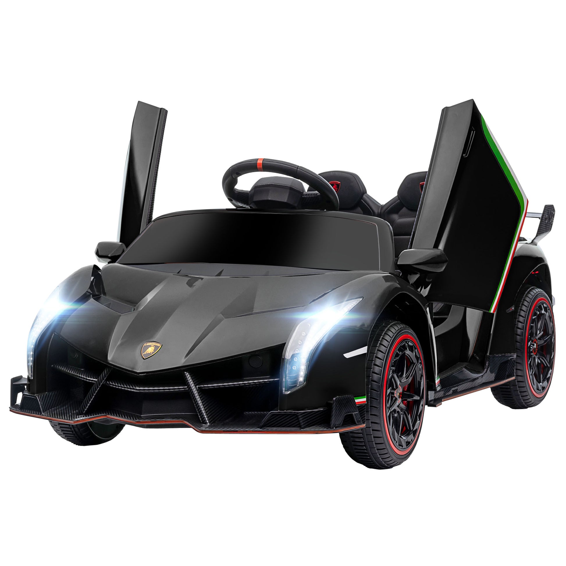 Aosom Lamborghini Veneno Licensed Kids Electric Car With Bluetooth, 12V Ride On Car With Butterfly Doors, Remote Control, Portable Battery, Suspension System, Horn, Songs, Lights, Black Black