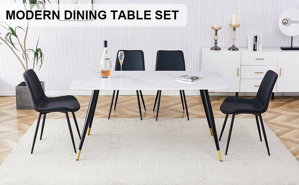 Table And Chair Set, White Imitation Marble Texture Rock Board Table Top, Black Metal Table Legs, Stable And Beautiful. Modern Simple Dining Table, Comfortable Seating. White Black Seats 4 Metal