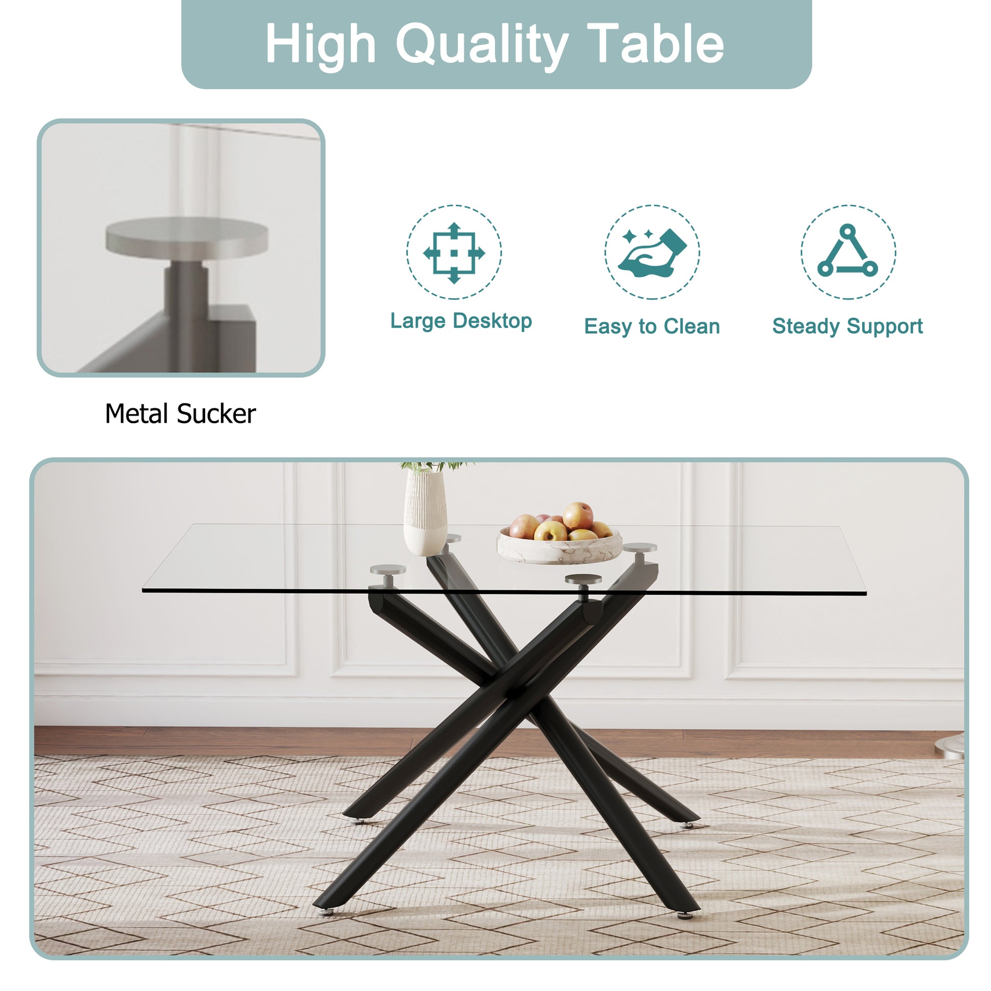 Table And Chair Set.Modern Rectangular Glass Dining Table With 0.39" Tempered Glass Tabletop And Black Metal Legs.Paired With Multiple Chairs Designed With Pu Cushions And Black Metal Legs. Black Grey Seats 6 Tempered Glass