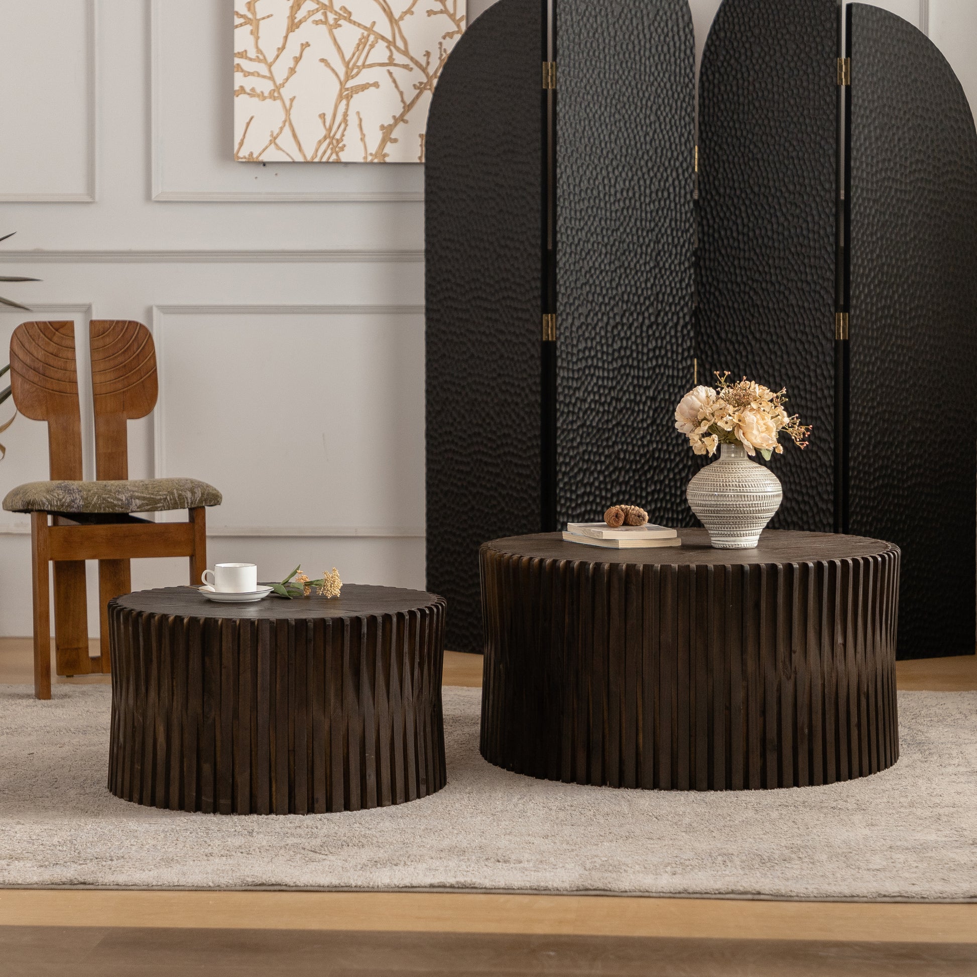 Vintage Fashion Style Cylindrical Nesting Coffee Table Set With Vertical Textured Embossed Design For Living Room, Office And Dining Room, Dark Brown Set Of 2 Dark Brown Mdf