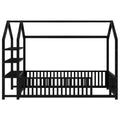 Twin Size Metal House Bed With Fence And Detachable Storage Shelves, Black Twin Black Metal