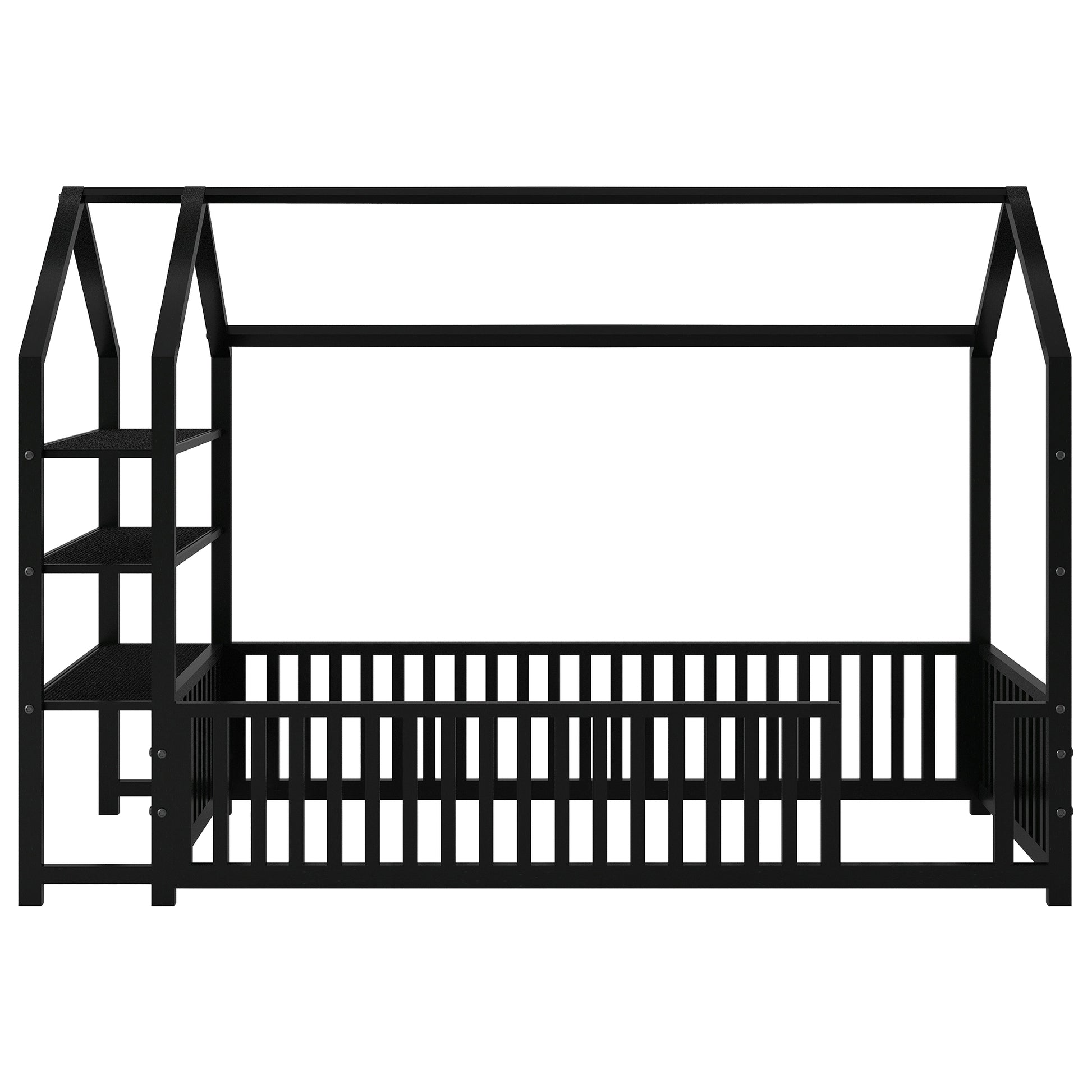 Twin Size Metal House Bed With Fence And Detachable Storage Shelves, Black Twin Black Metal